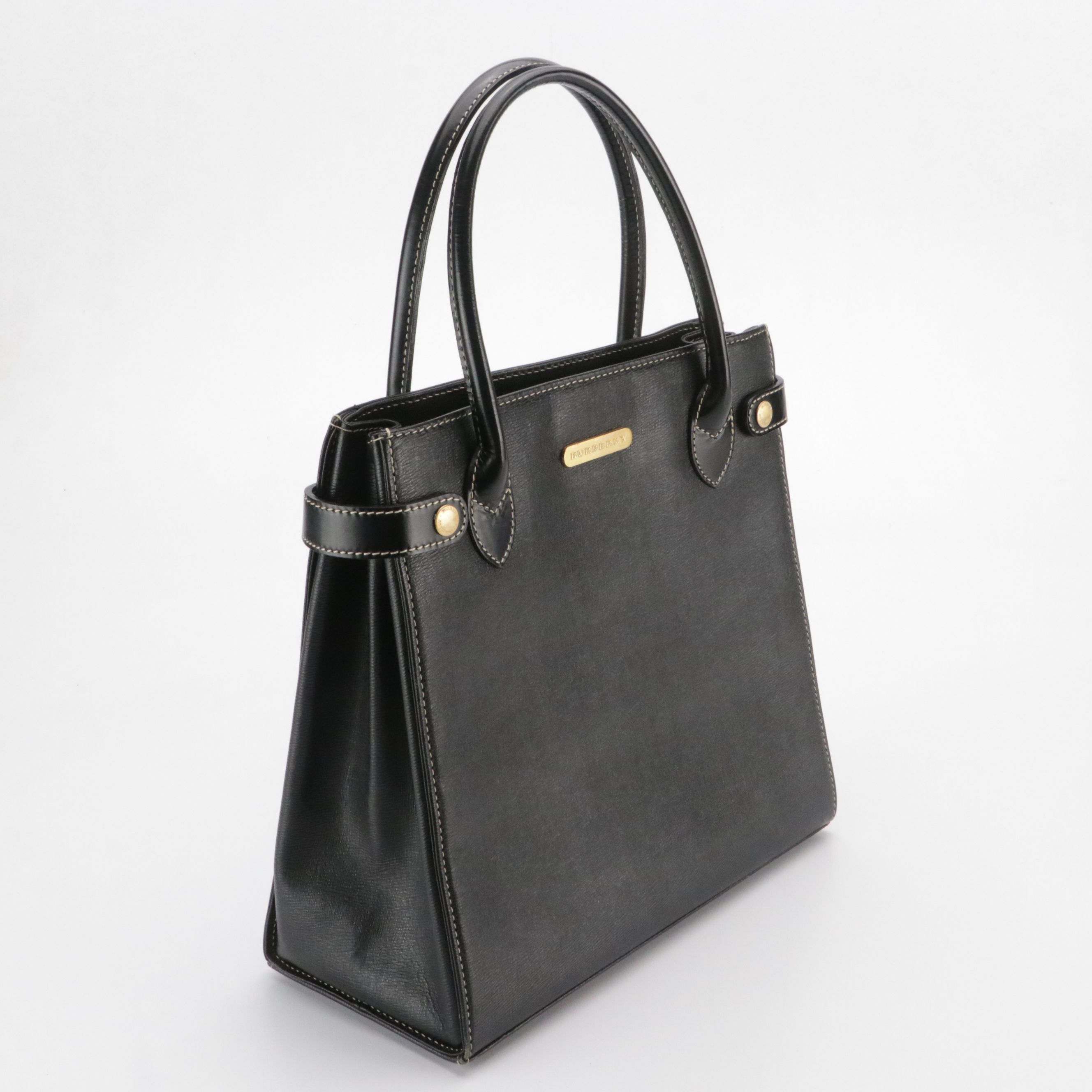 Burberrys Side Snap Top Handle Tote Bag in Black Textured Leather
