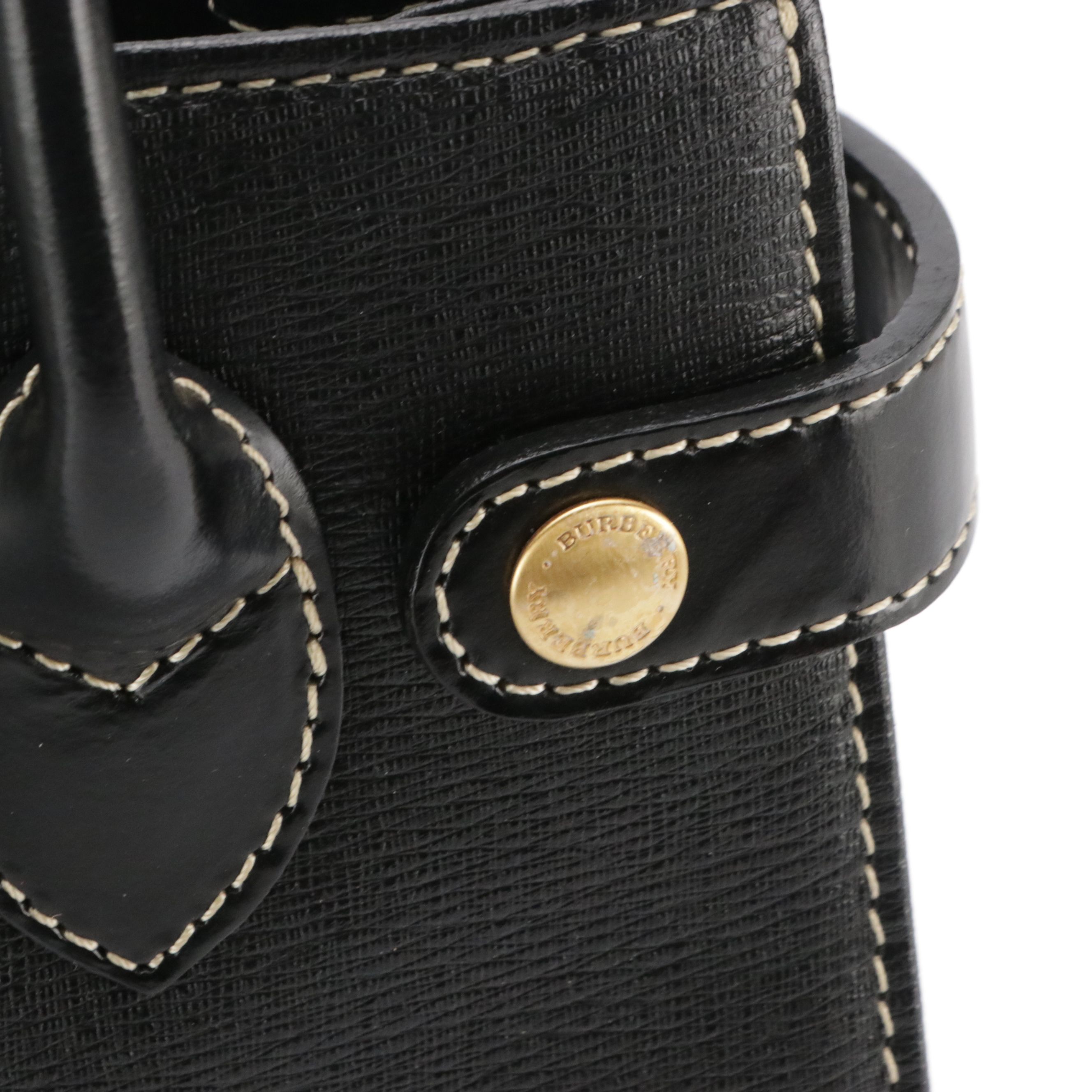 Burberrys Side Snap Top Handle Tote Bag in Black Textured Leather