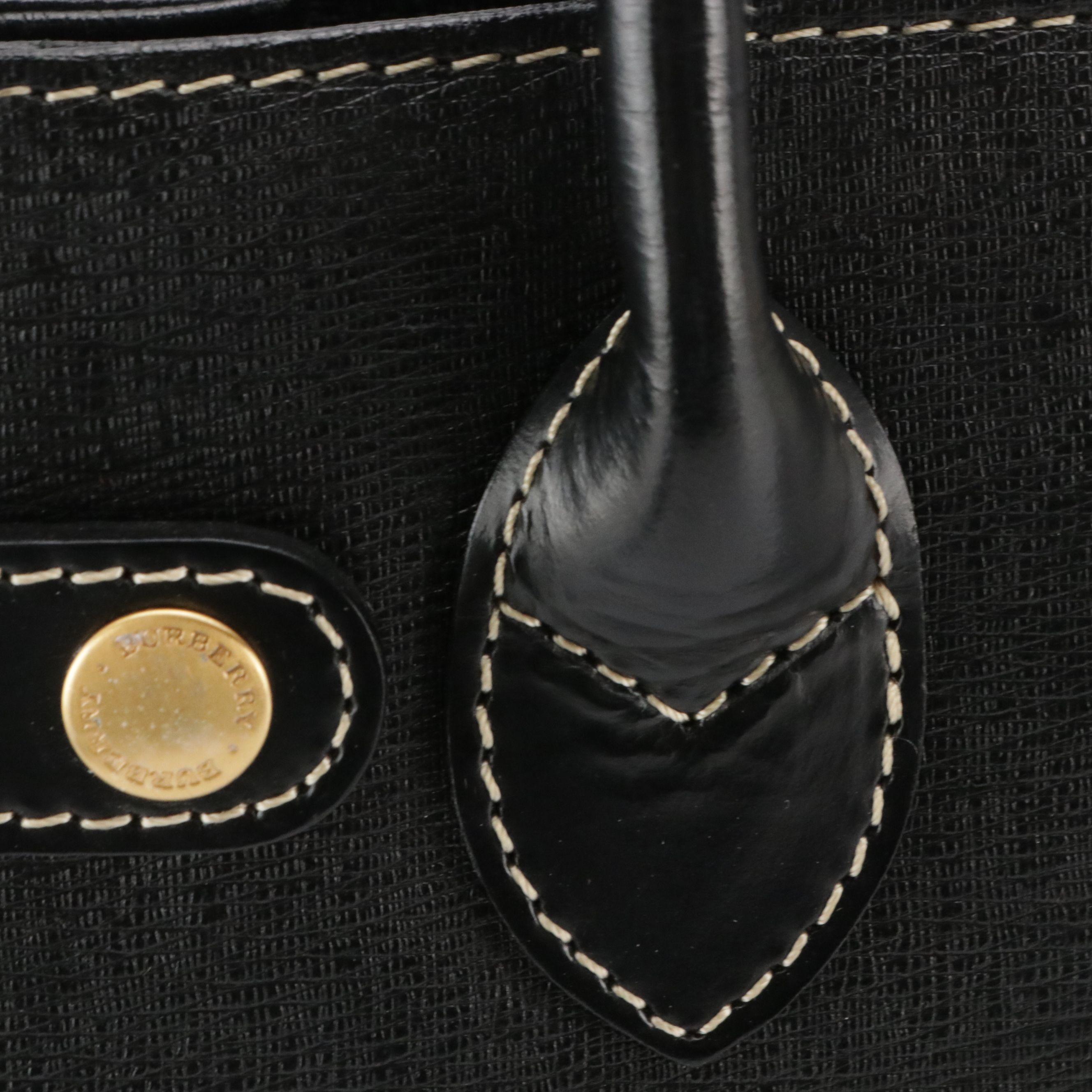 Burberrys Side Snap Top Handle Tote Bag in Black Textured Leather