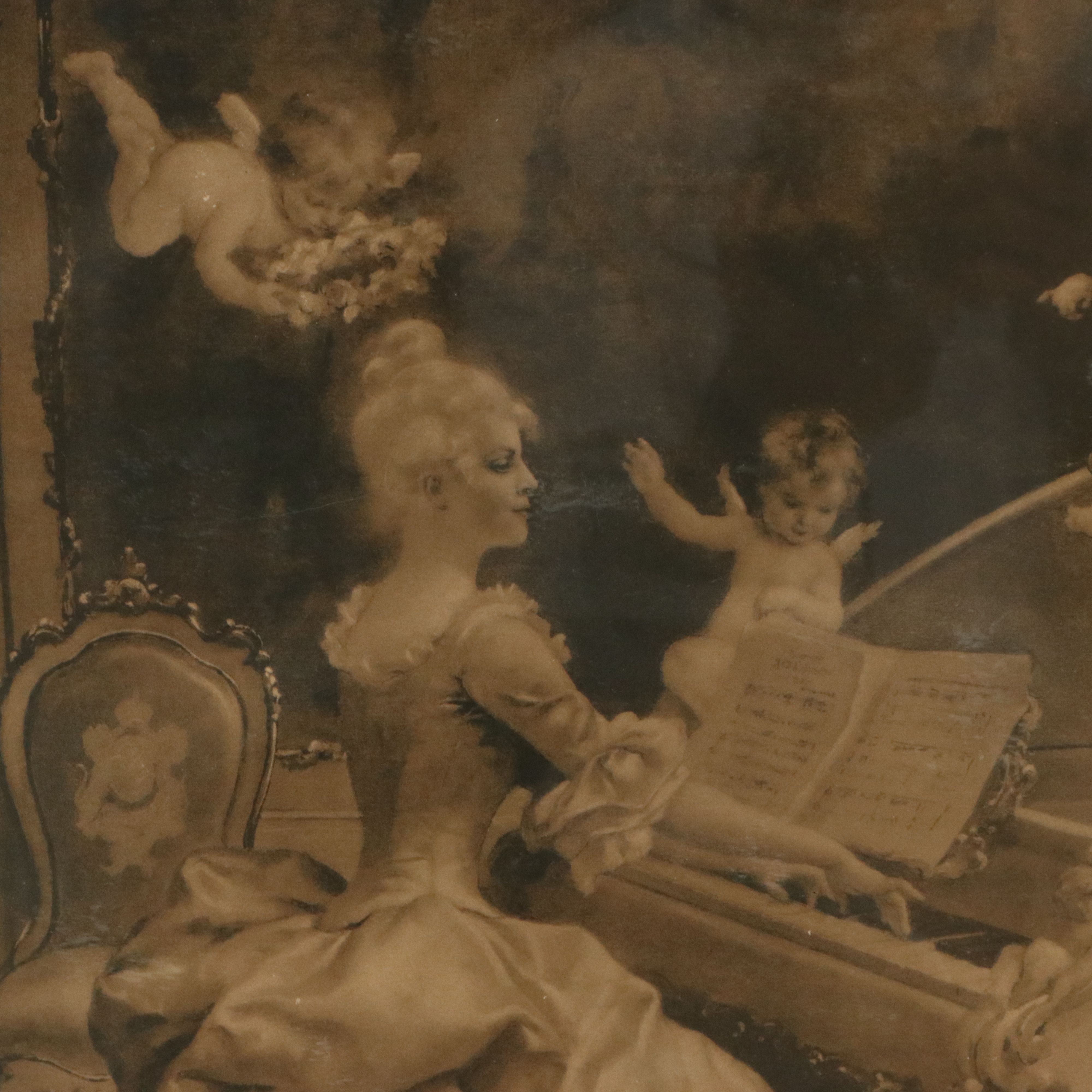 Lithograph of Rococo Style Pianist with Cherubs After J. Drescher, Early 20th C.