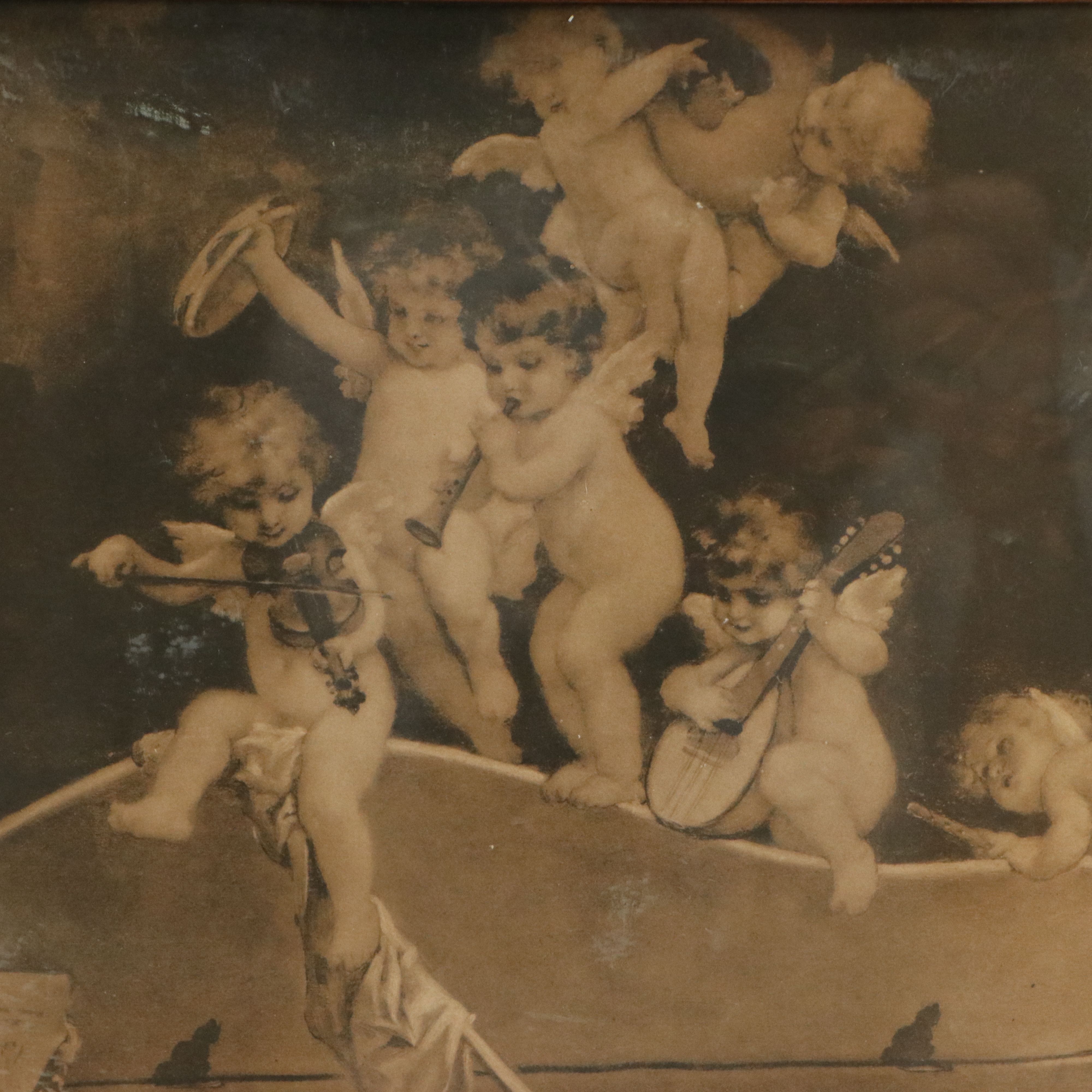 Lithograph of Rococo Style Pianist with Cherubs After J. Drescher, Early 20th C.