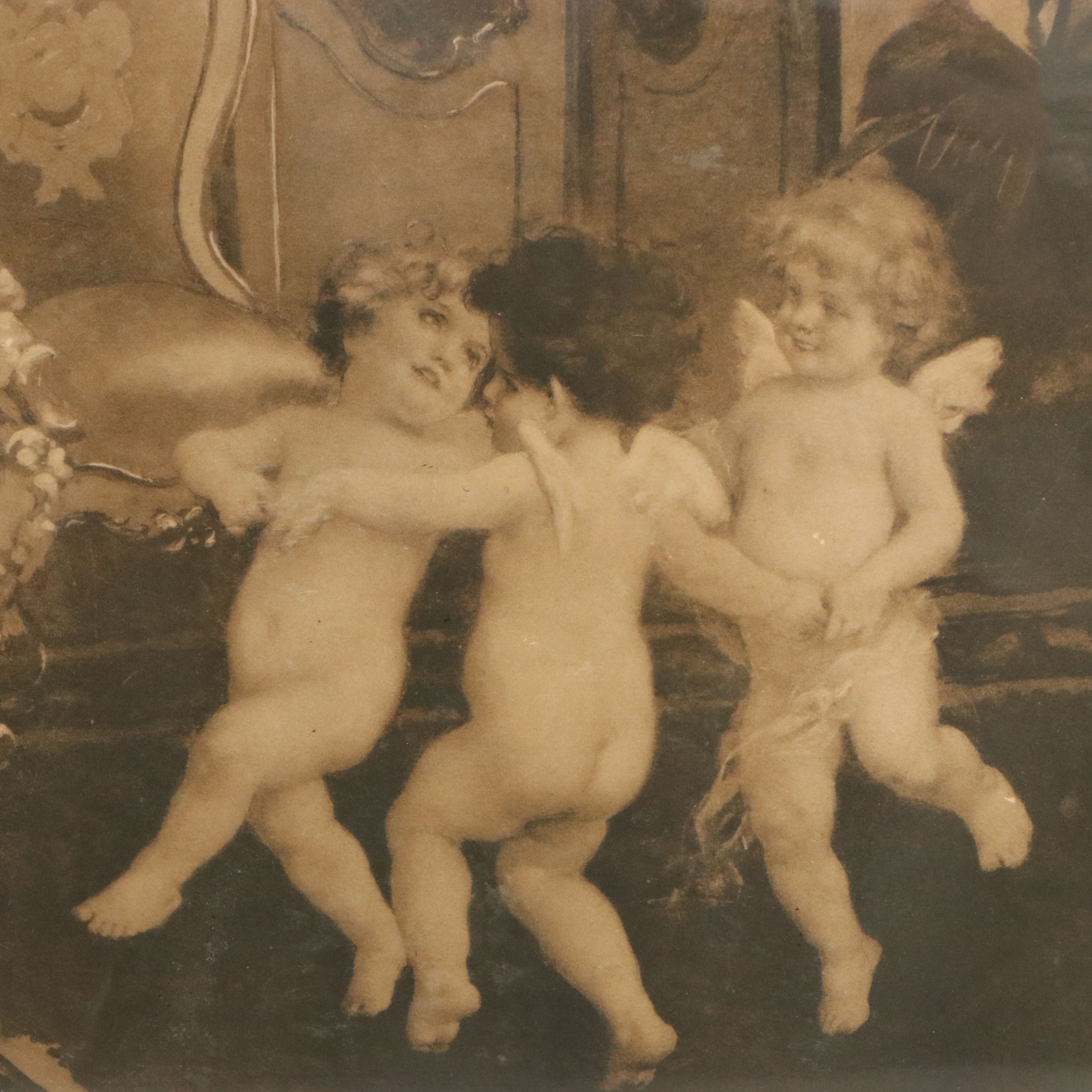 Lithograph of Rococo Style Pianist with Cherubs After J. Drescher, Early 20th C.