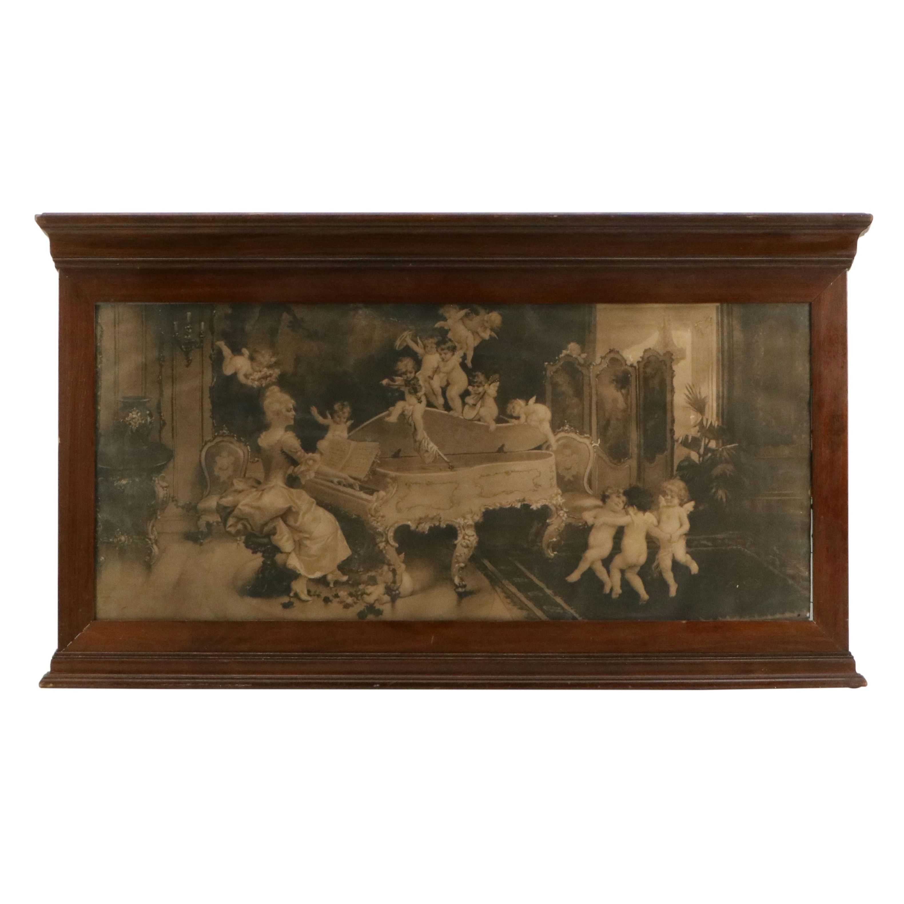 Lithograph of Rococo Style Pianist with Cherubs After J. Drescher, Early 20th C.