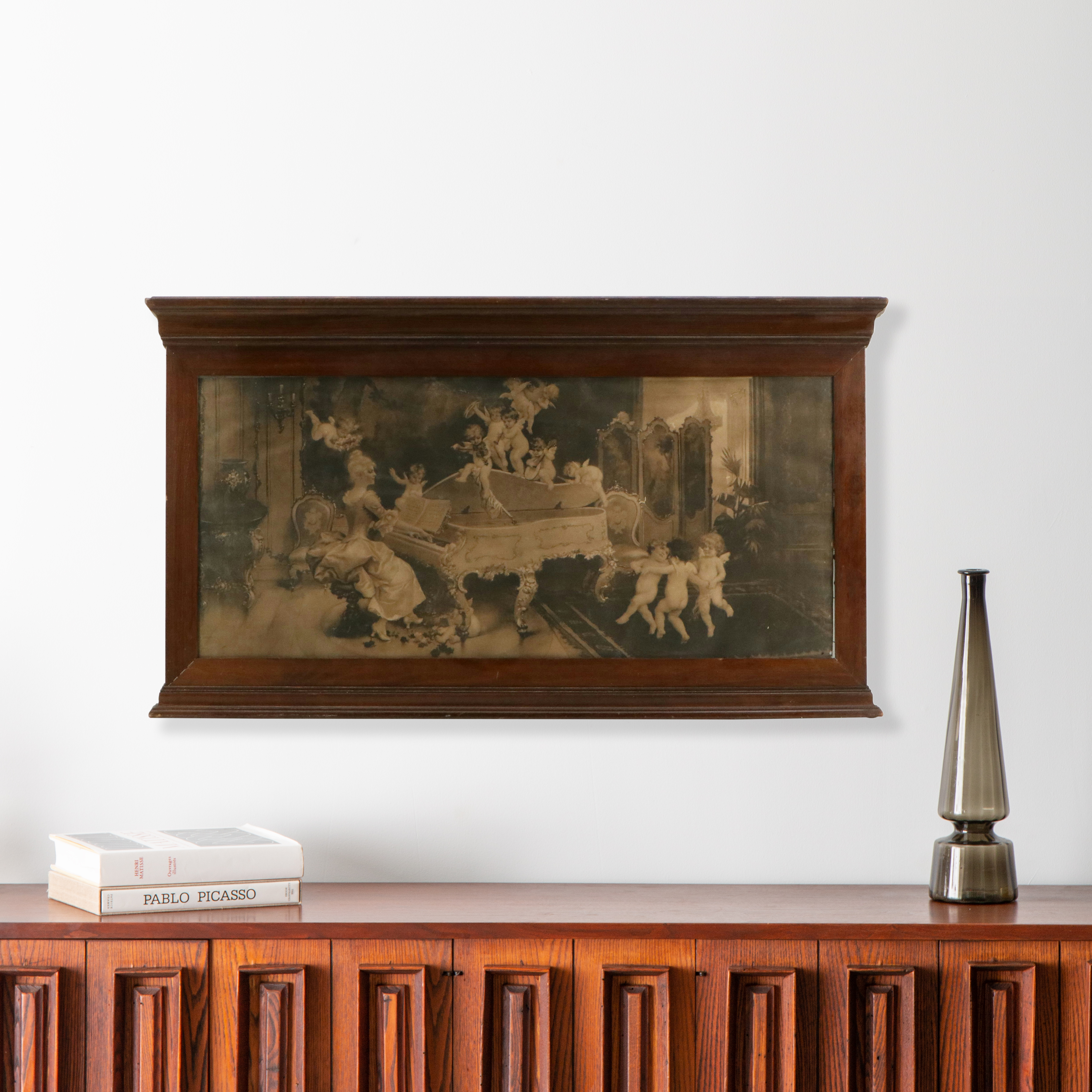 Lithograph of Rococo Style Pianist with Cherubs After J. Drescher, Early 20th C.