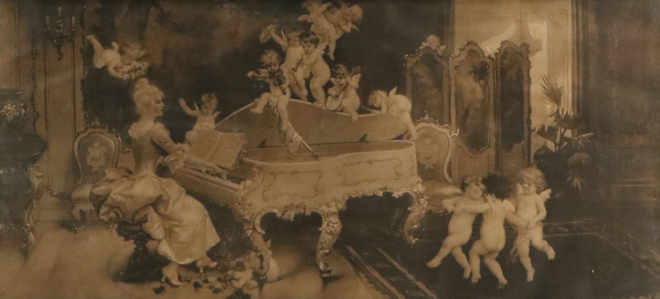 Lithograph of Rococo Style Pianist with Cherubs After J. Drescher, Early 20th C.