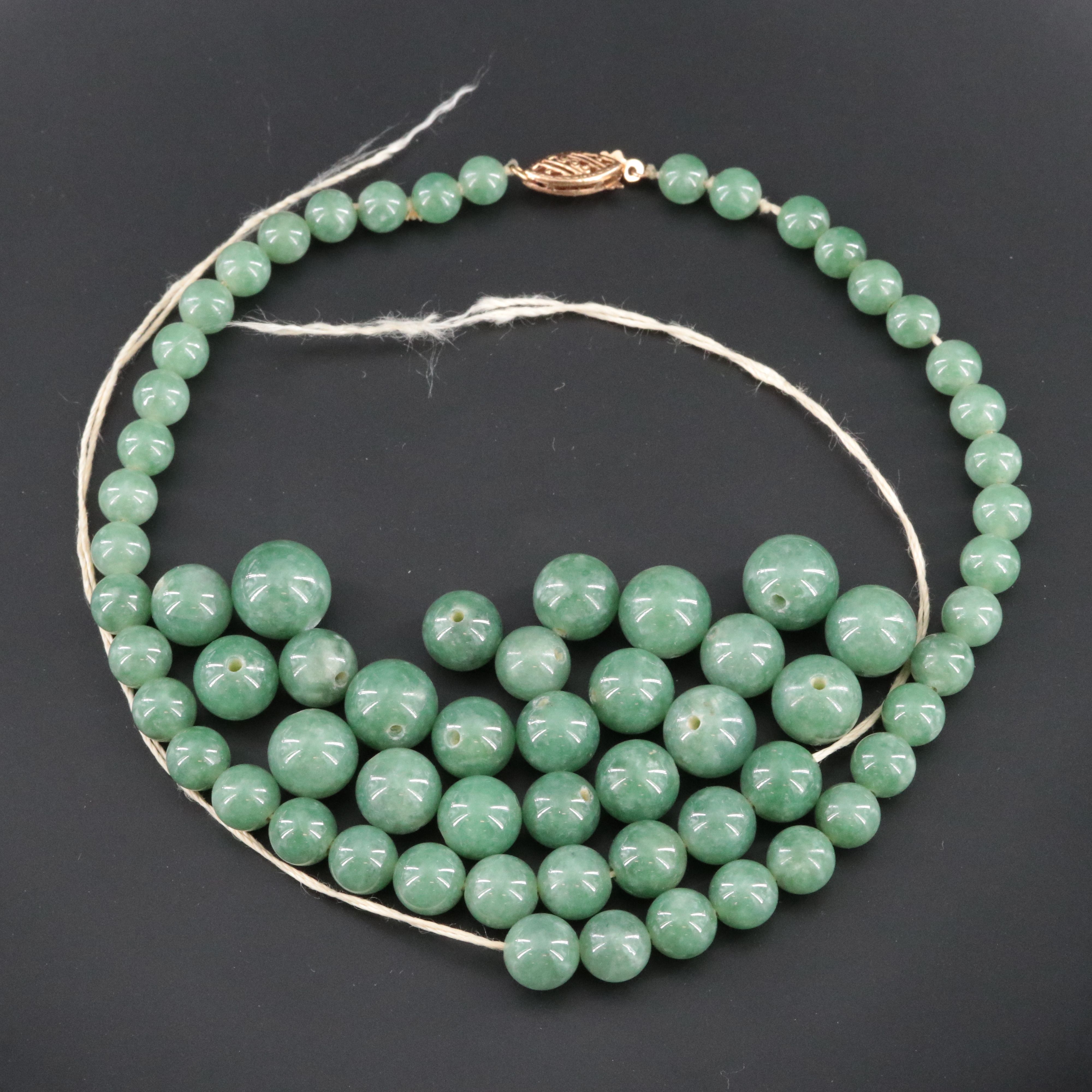 Broken Jadeite Bead Necklace with 14K Clasp