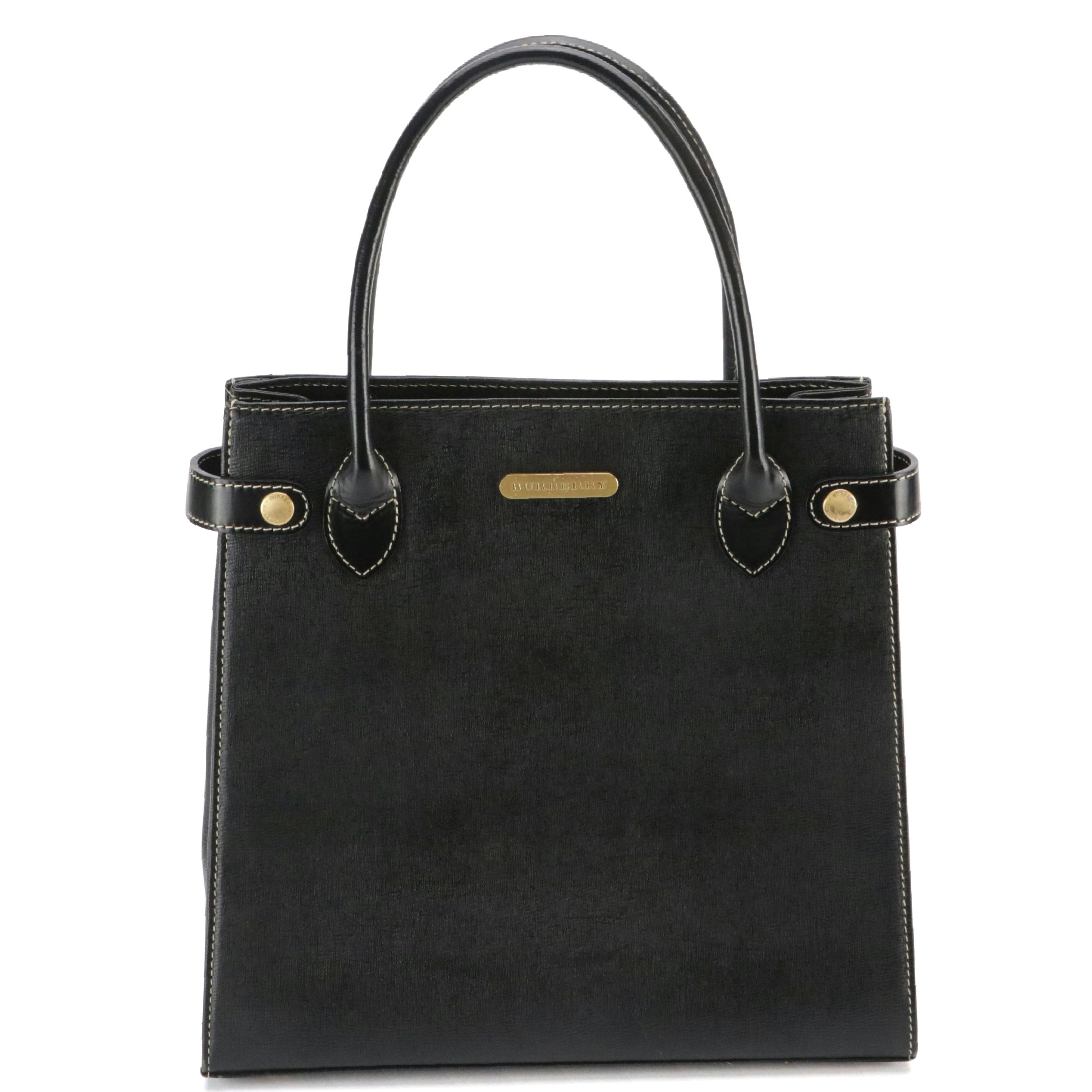 Burberrys Side Snap Top Handle Tote Bag in Black Textured Leather