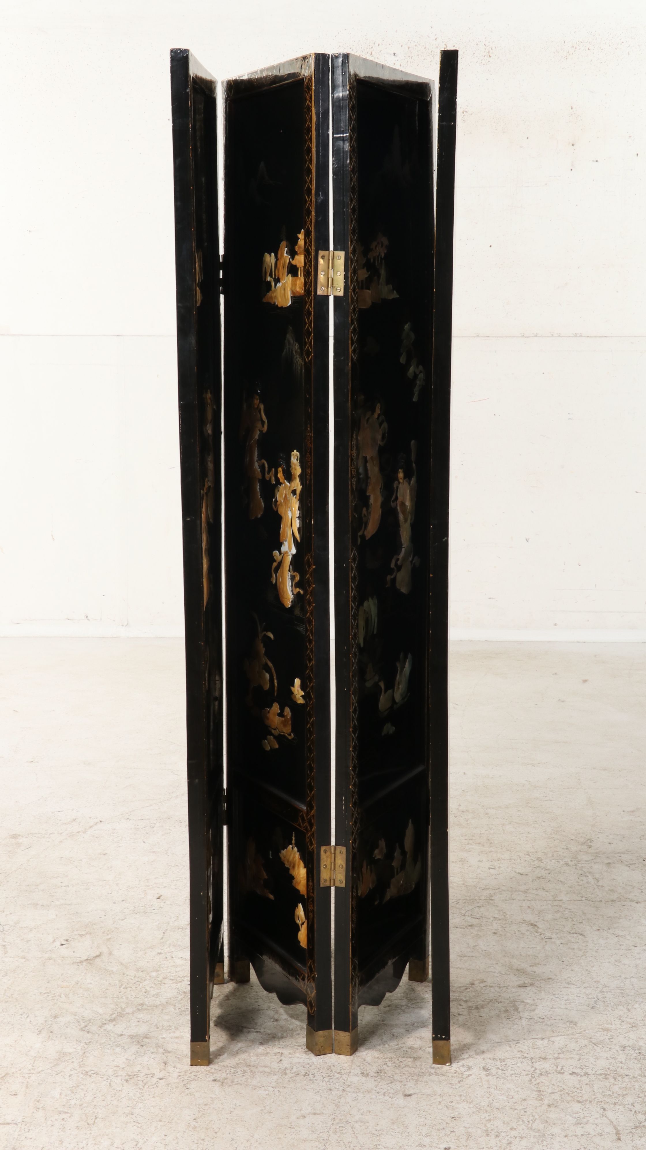 Chinese Black Lacquered and Stone Room Divider, Mid to Late 20th Century