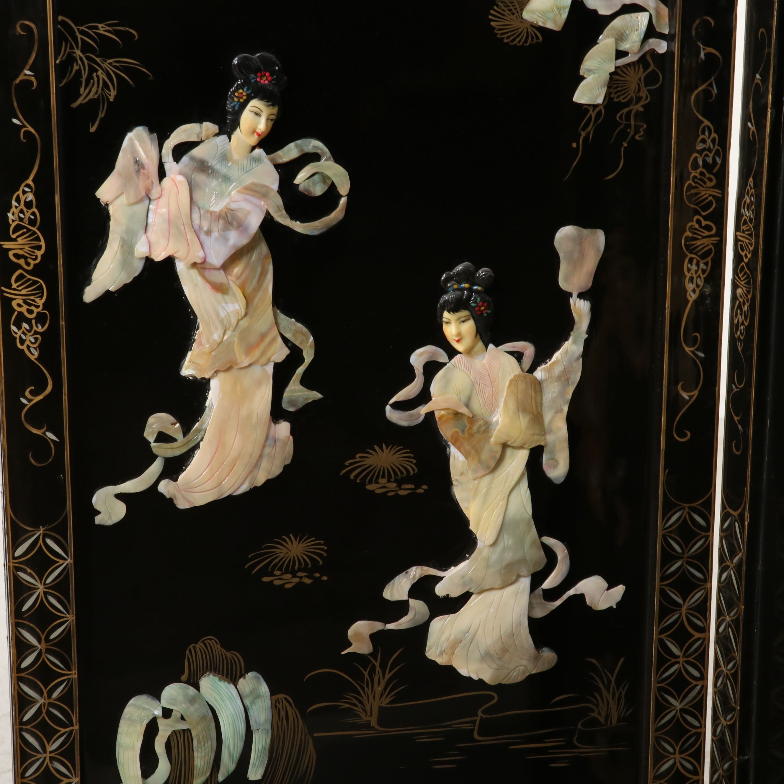 Chinese Black Lacquered and Stone Room Divider, Mid to Late 20th Century