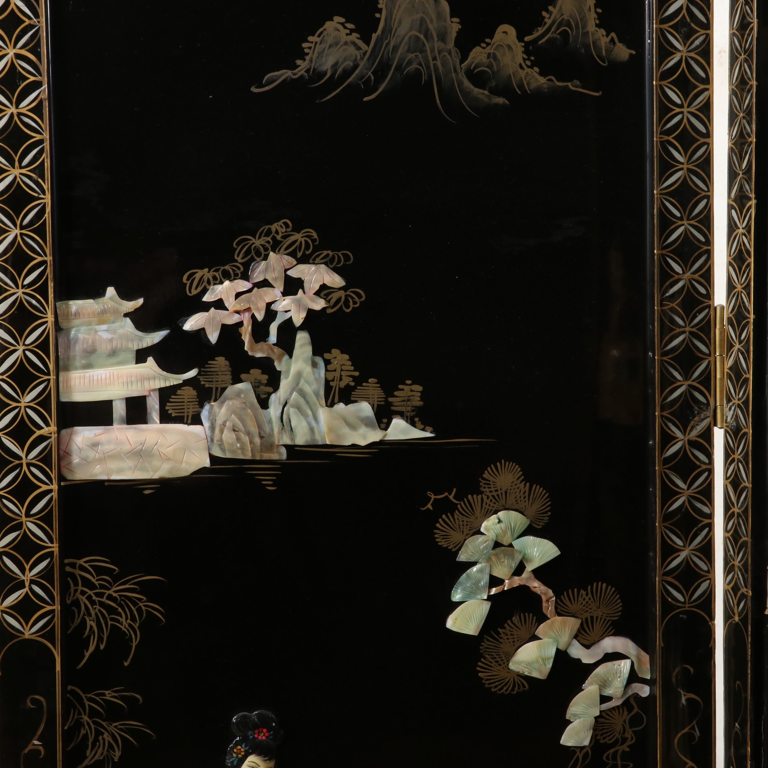 Chinese Black Lacquered and Stone Room Divider, Mid to Late 20th Century