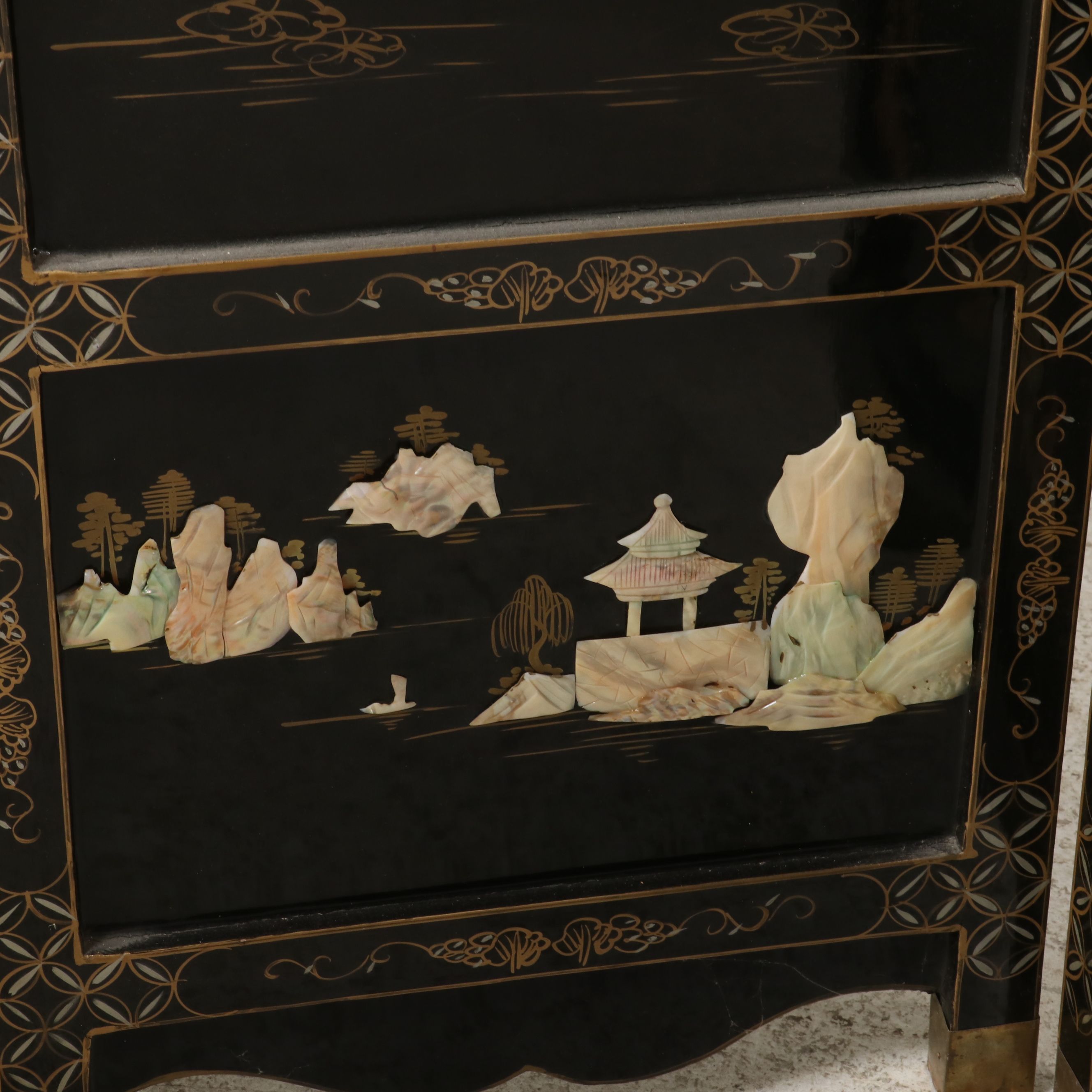 Chinese Black Lacquered and Stone Room Divider, Mid to Late 20th Century