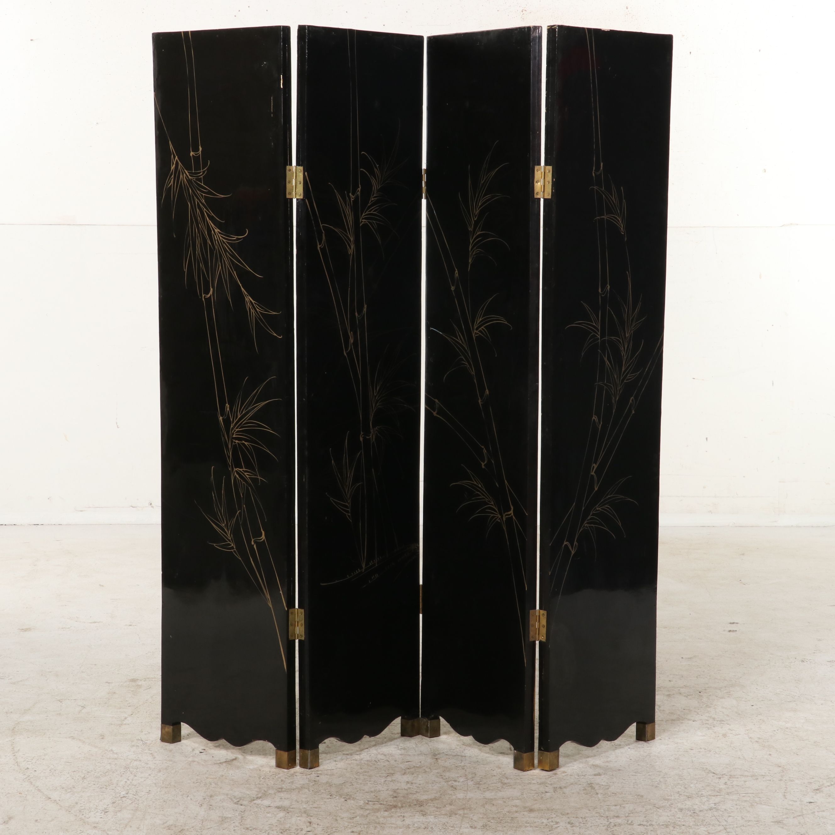 Chinese Black Lacquered and Stone Room Divider, Mid to Late 20th Century