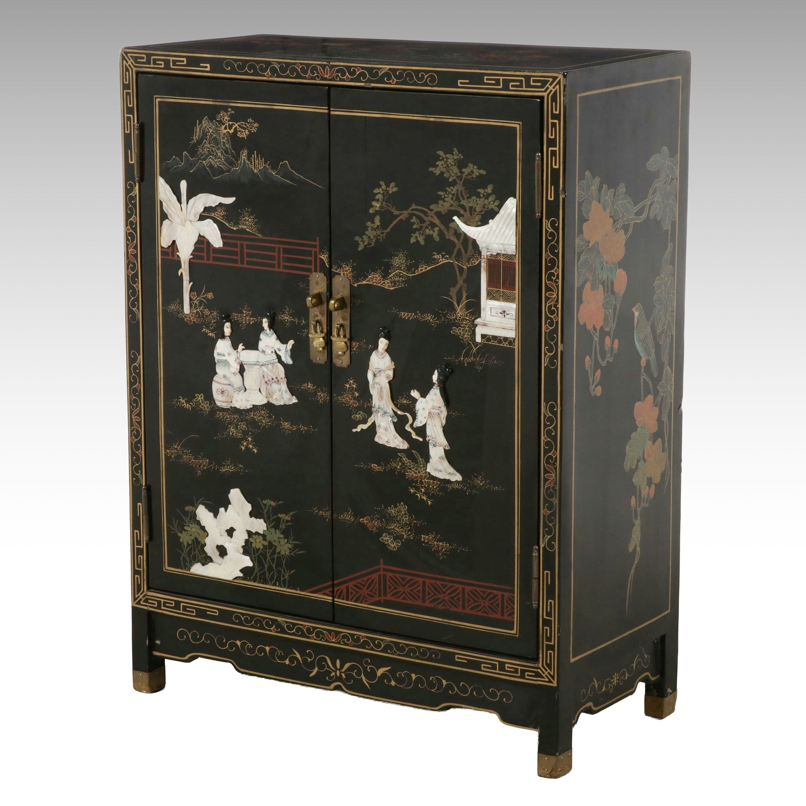 Chinese Black Lacquer and Inlaid Cabinet, Late 20th Century