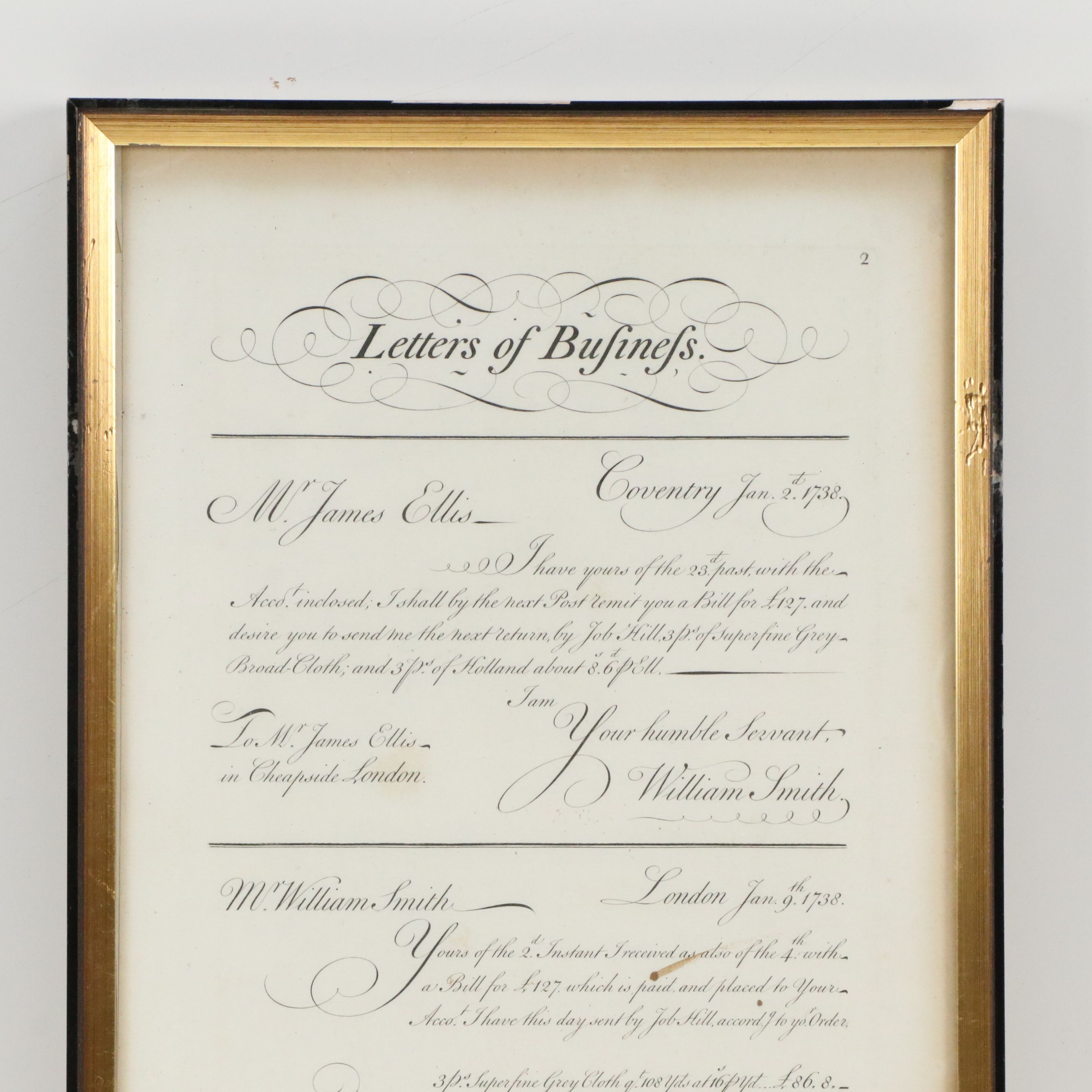 "Letters of Business" Engraved Certificate, 1738