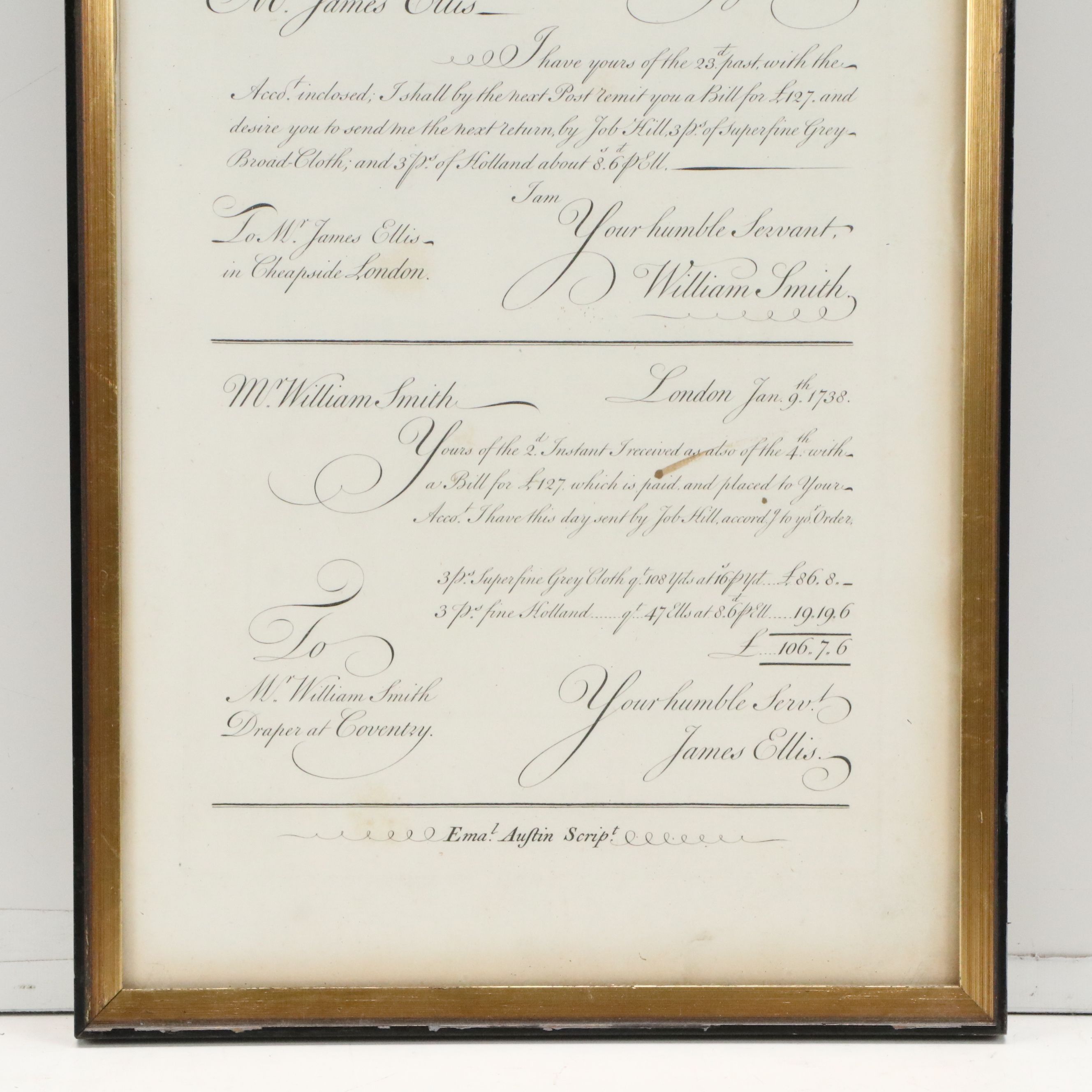 "Letters of Business" Engraved Certificate, 1738