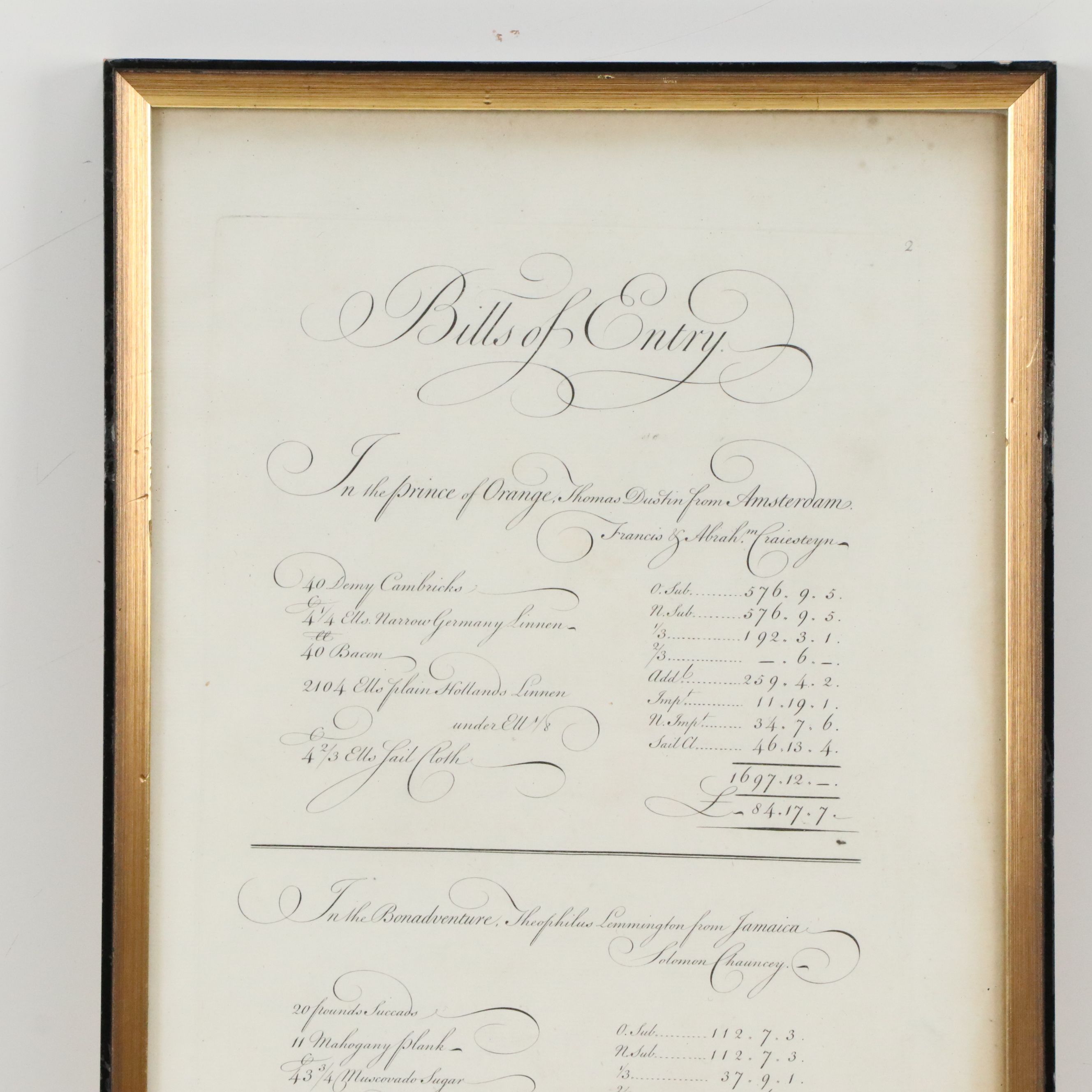 "Bills of Entry" Engraved Certificate, 18th Century