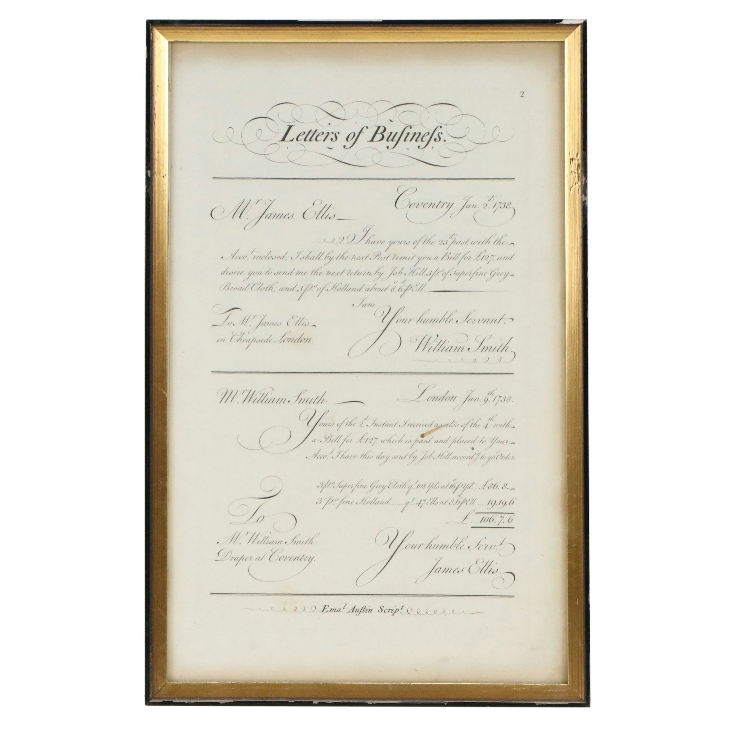 "Letters of Business" Engraved Certificate, 1738