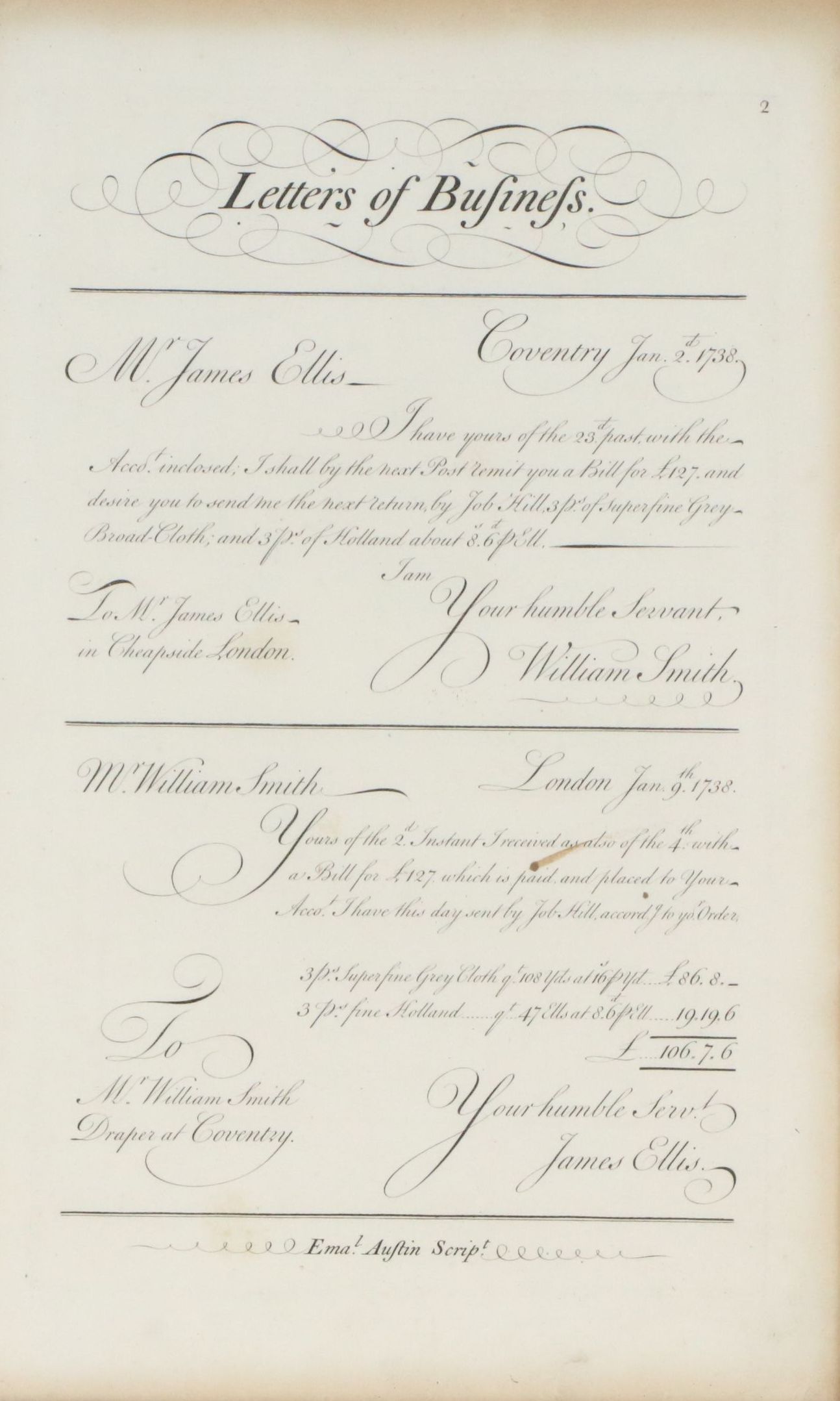 "Letters of Business" Engraved Certificate, 1738