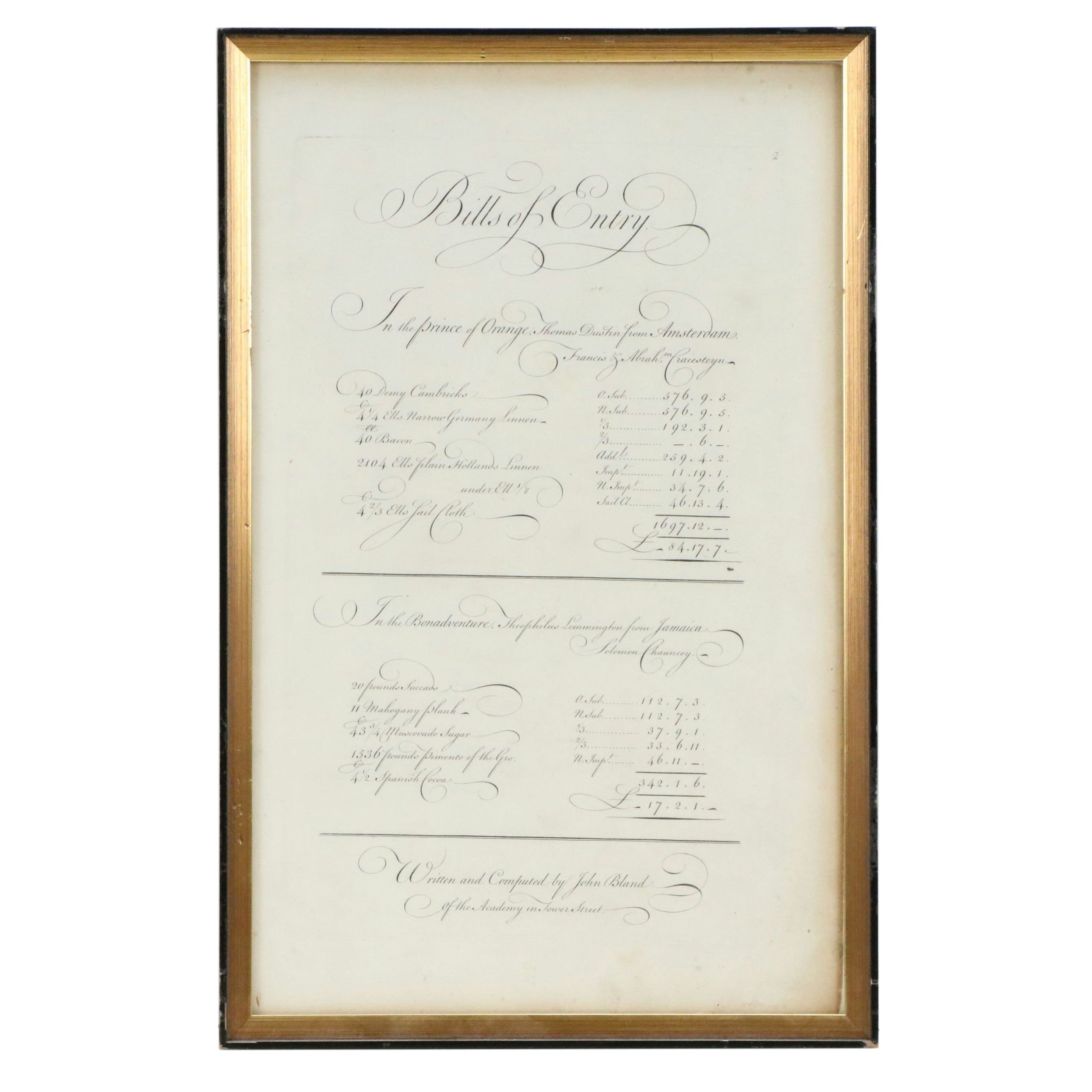 "Bills of Entry" Engraved Certificate, 18th Century