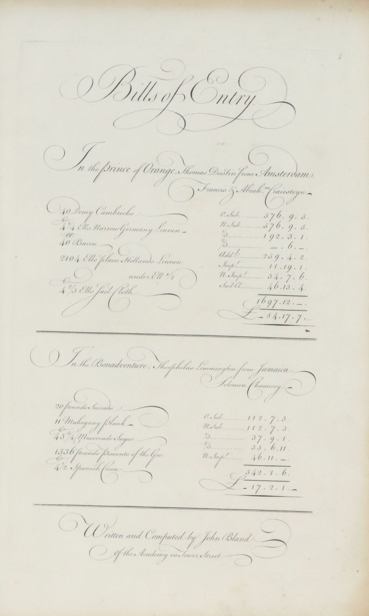 "Bills of Entry" Engraved Certificate, 18th Century