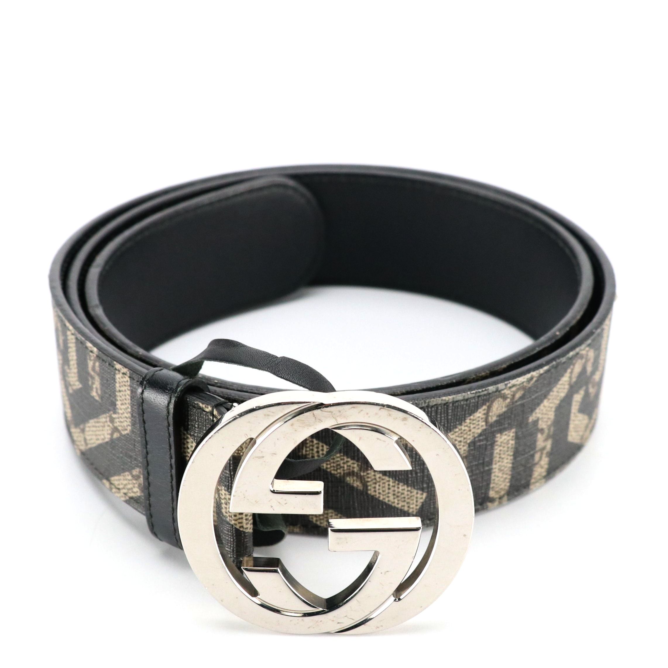 Gucci Interlocking G Belt in Printed GG Supreme Canvas and Black Leather