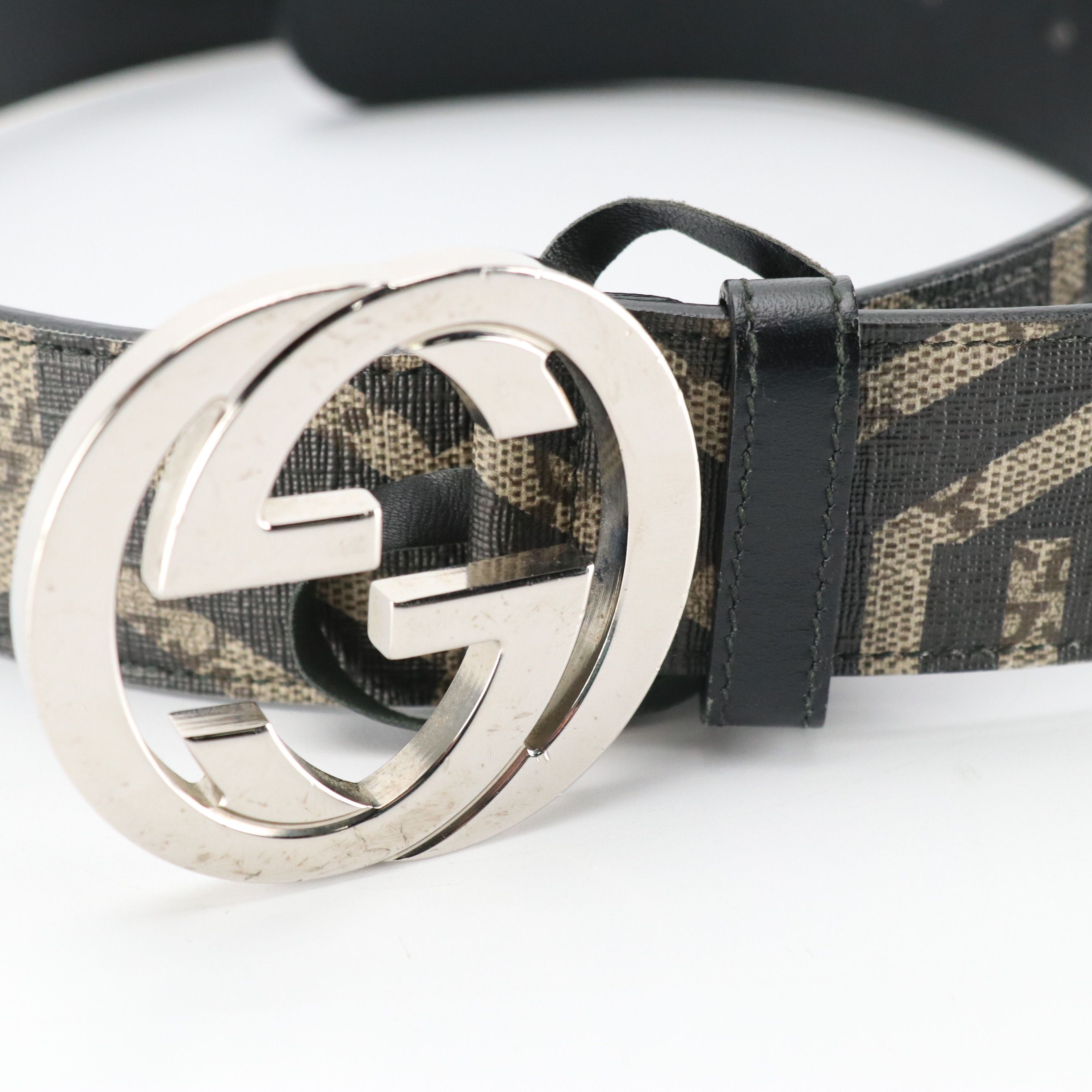 Gucci Interlocking G Belt in Printed GG Supreme Canvas and Black Leather
