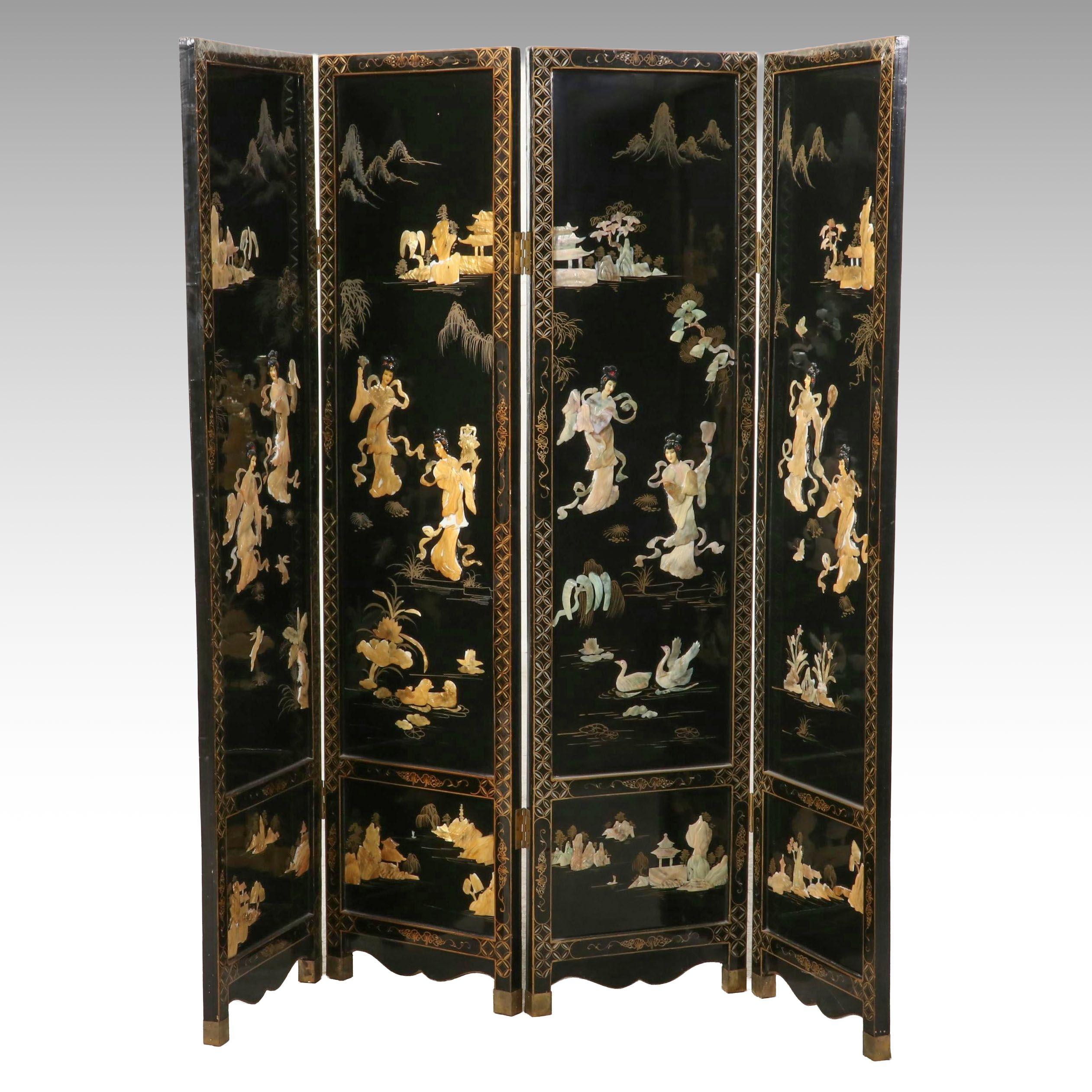 Chinese Black Lacquered and Stone Room Divider, Mid to Late 20th Century