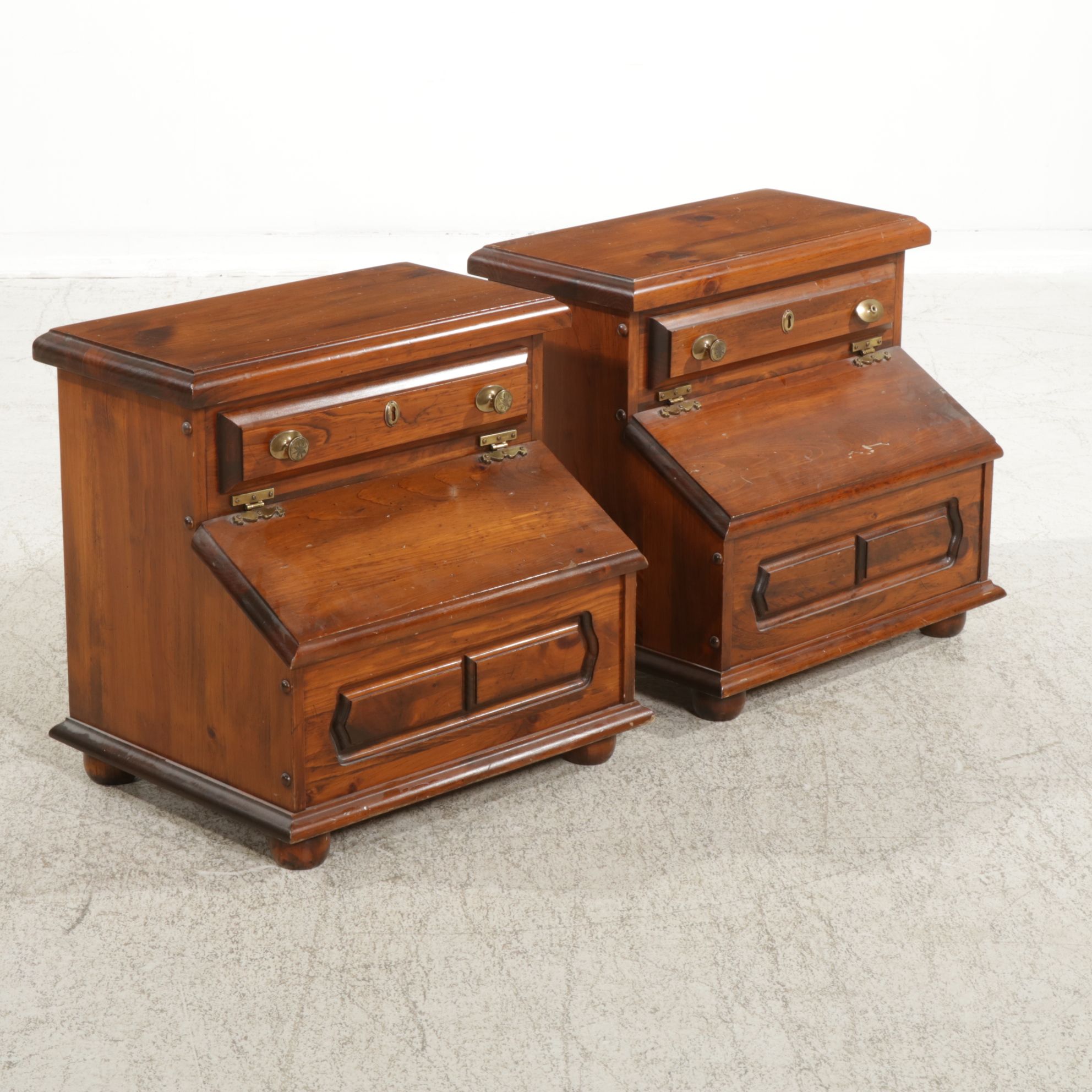 Colonial Revival Pine Step-Back Slant-Front Nightstands, Mid to Late 20th C.