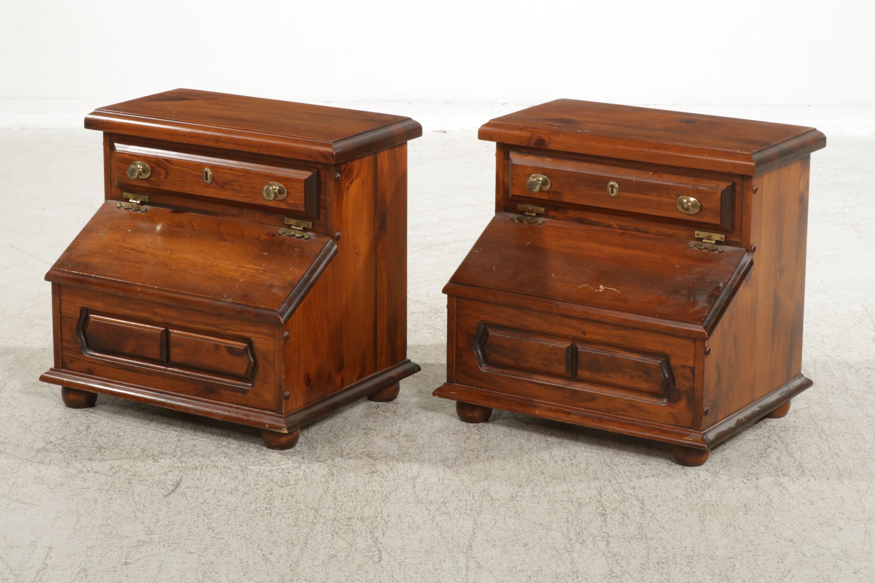 Colonial Revival Pine Step-Back Slant-Front Nightstands, Mid to Late 20th C.