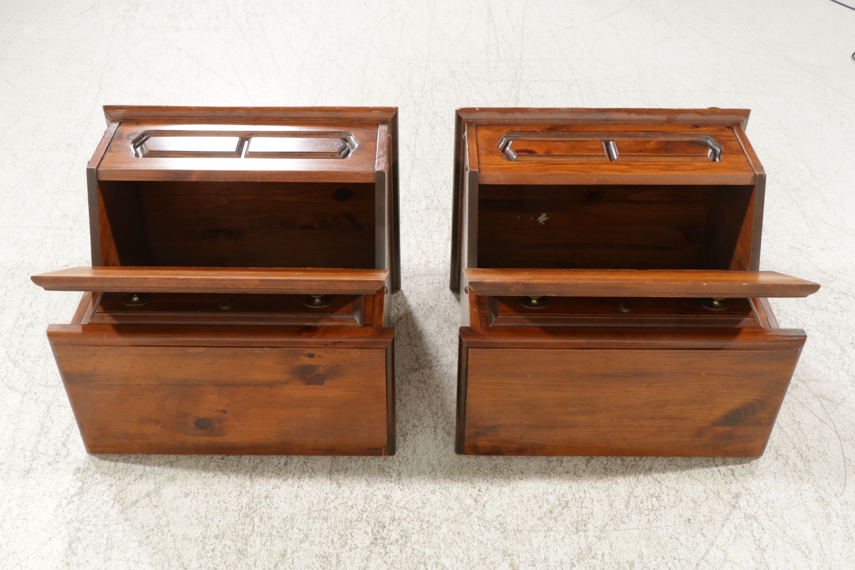 Colonial Revival Pine Step-Back Slant-Front Nightstands, Mid to Late 20th C.