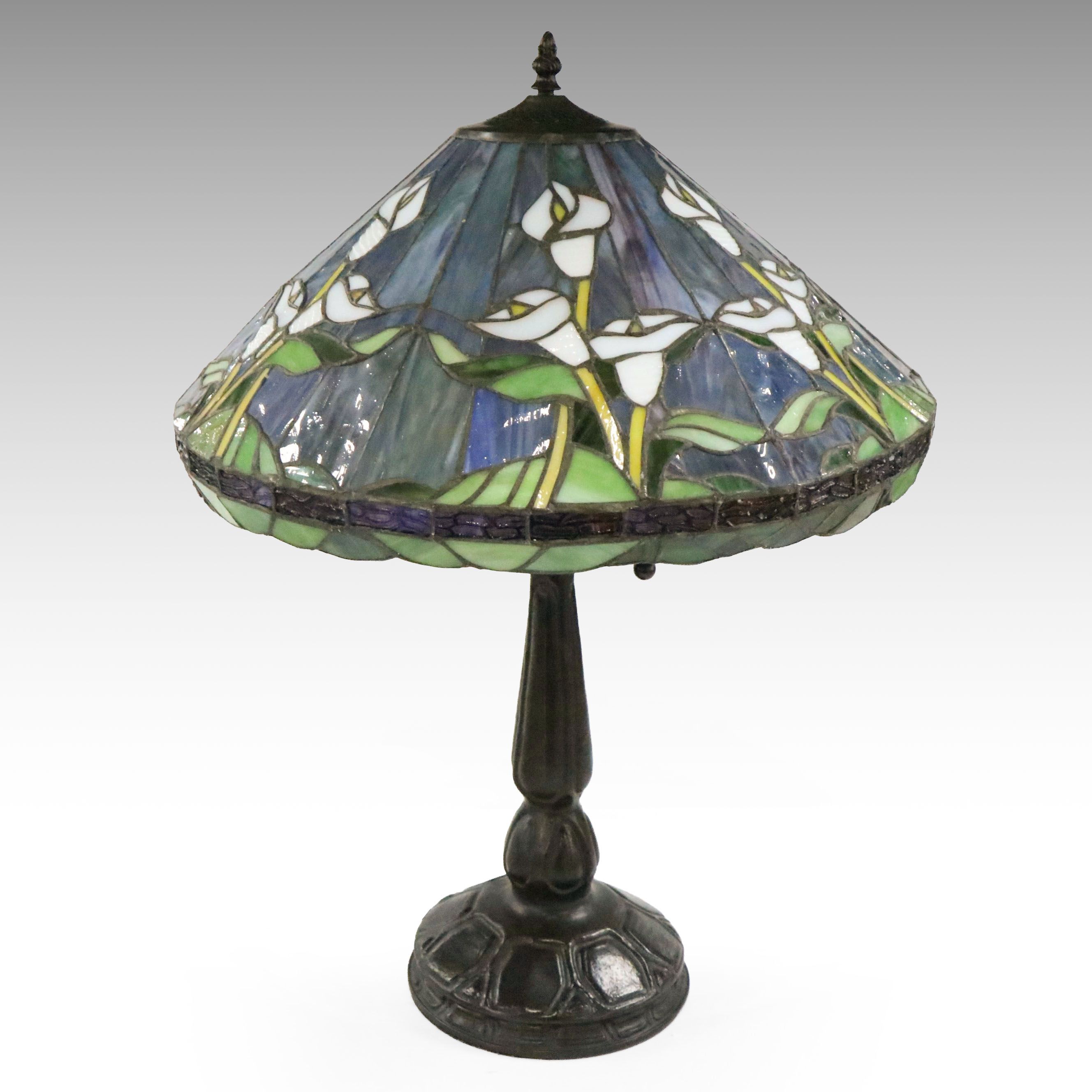 Art Nouveau Style Table Lamp with Calla Lilies Slag Glass Shade