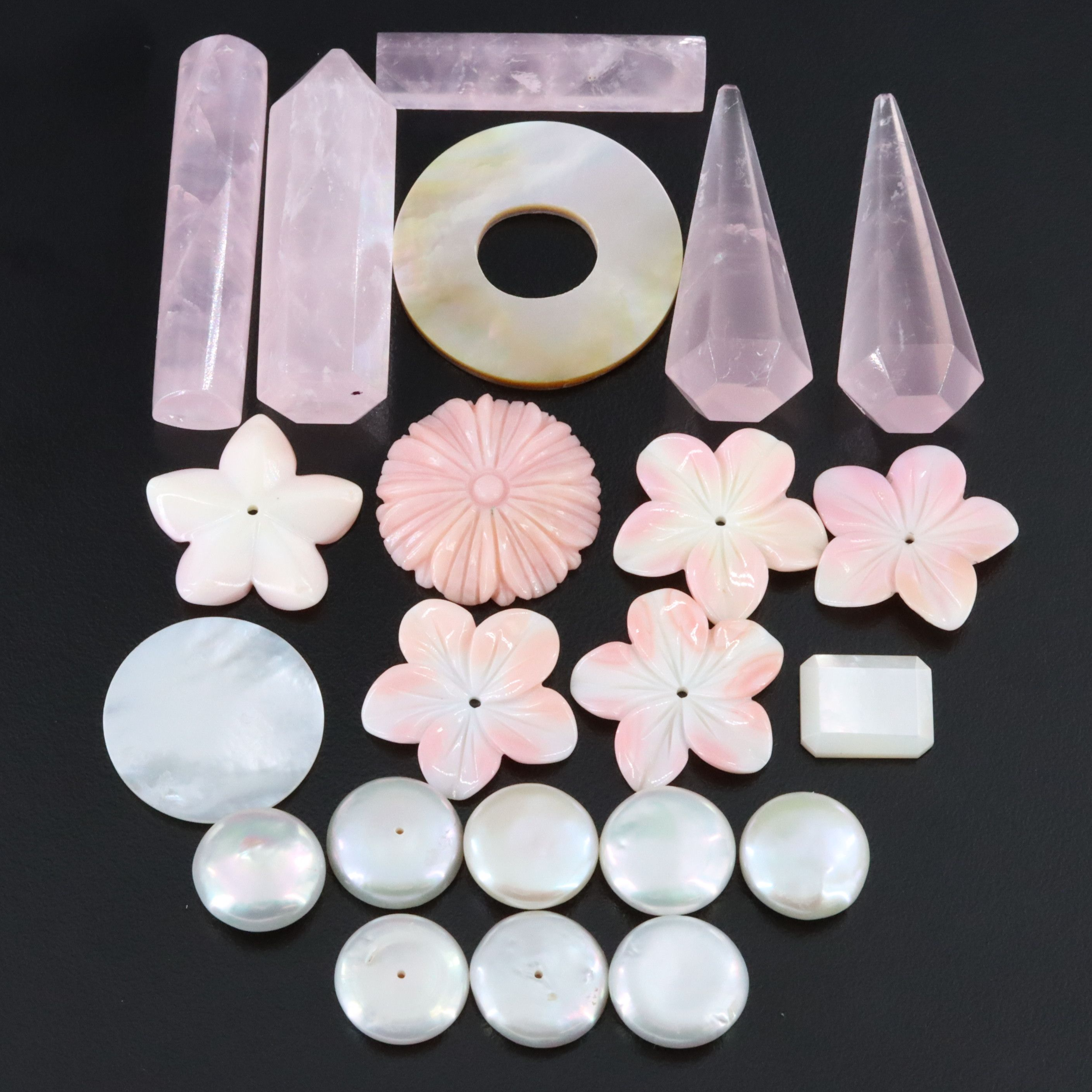 Loose Gemstone Lot Including Pearl, Rose Quartz and Mother-of-Pearl