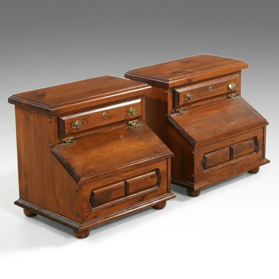 Colonial Revival Pine Step-Back Slant-Front Nightstands, Mid to Late 20th C.