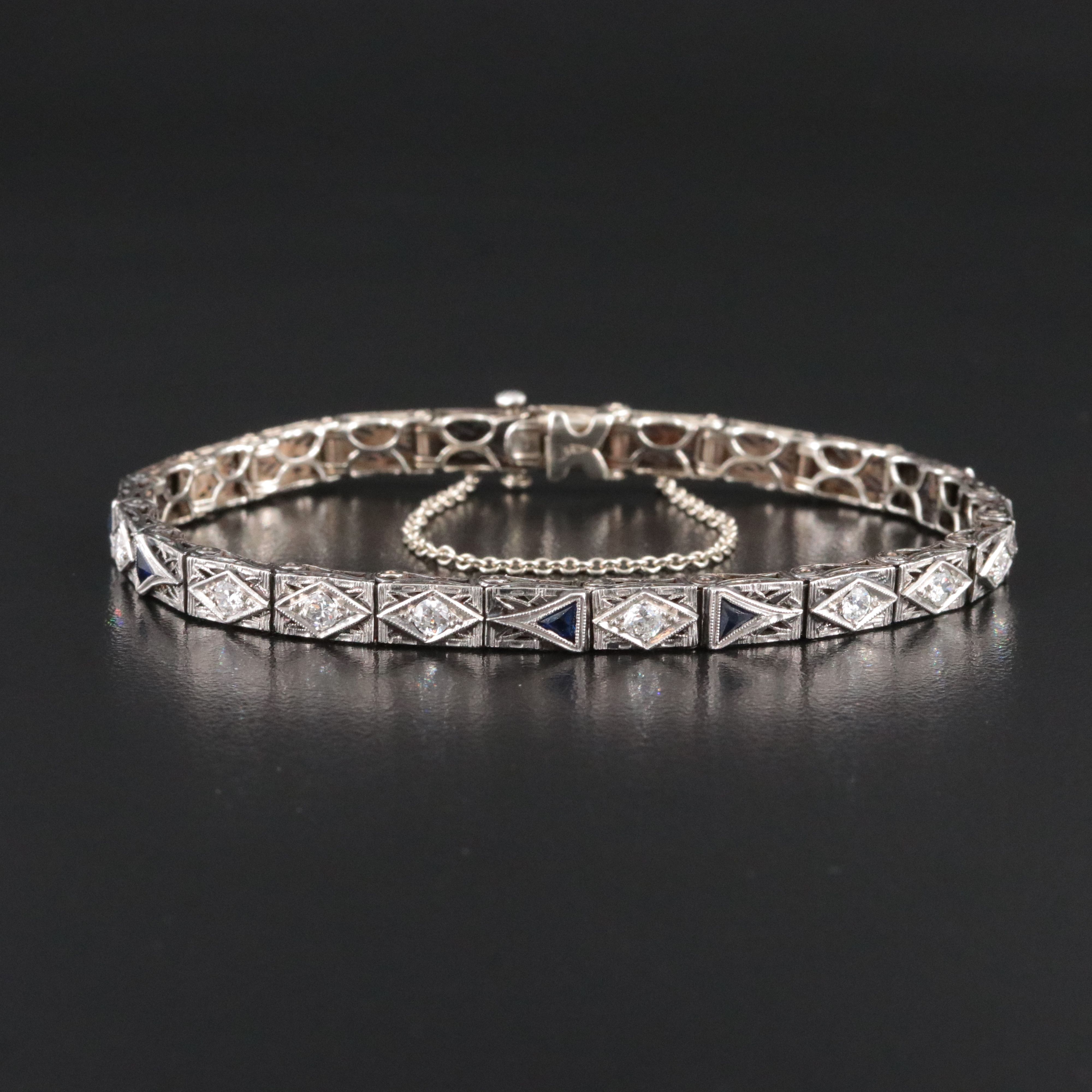 Art Deco Kohn & Co. 14K 0.57 CTW Diamond and Sapphire Filigree Panel Bracelet