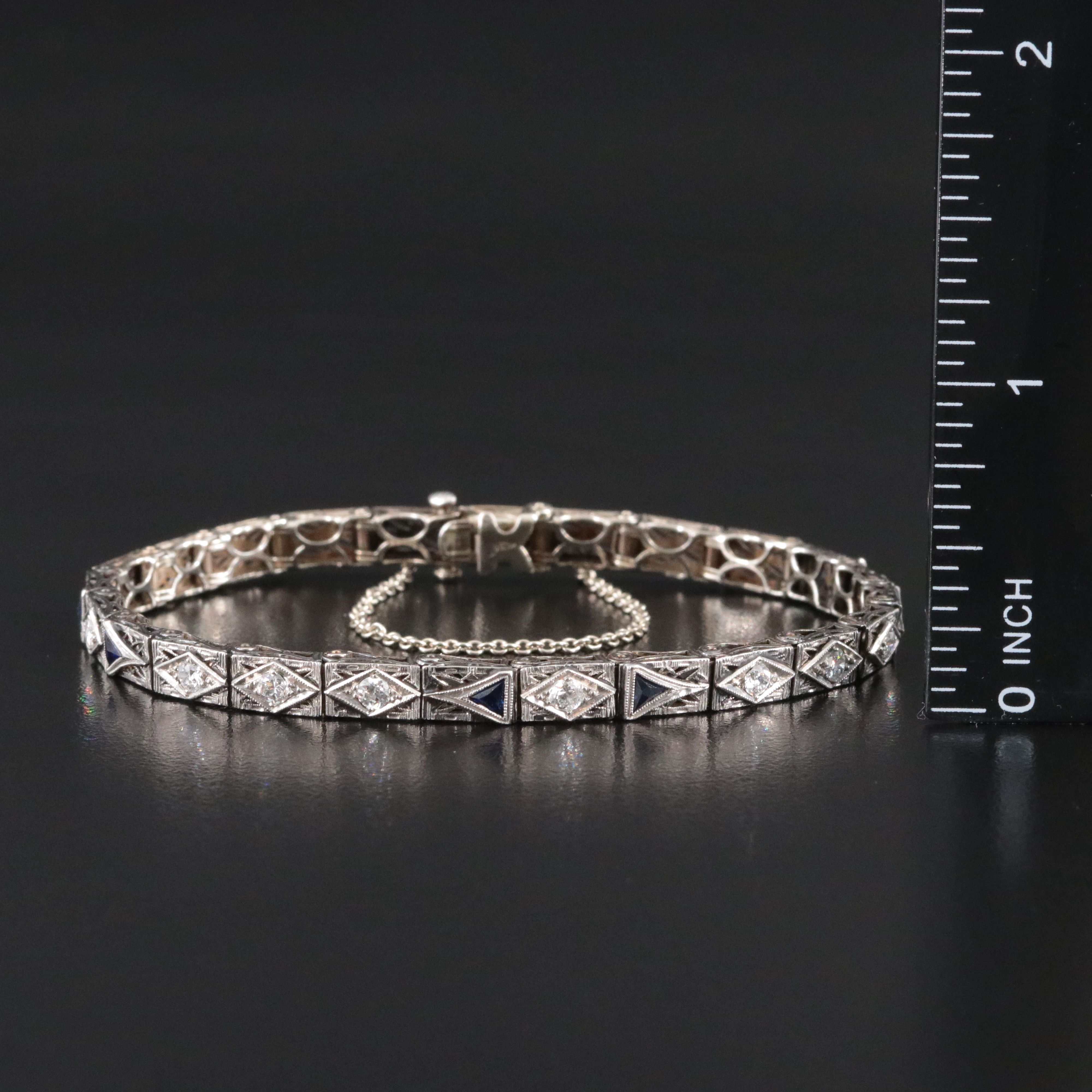Art Deco Kohn & Co. 14K 0.57 CTW Diamond and Sapphire Filigree Panel Bracelet