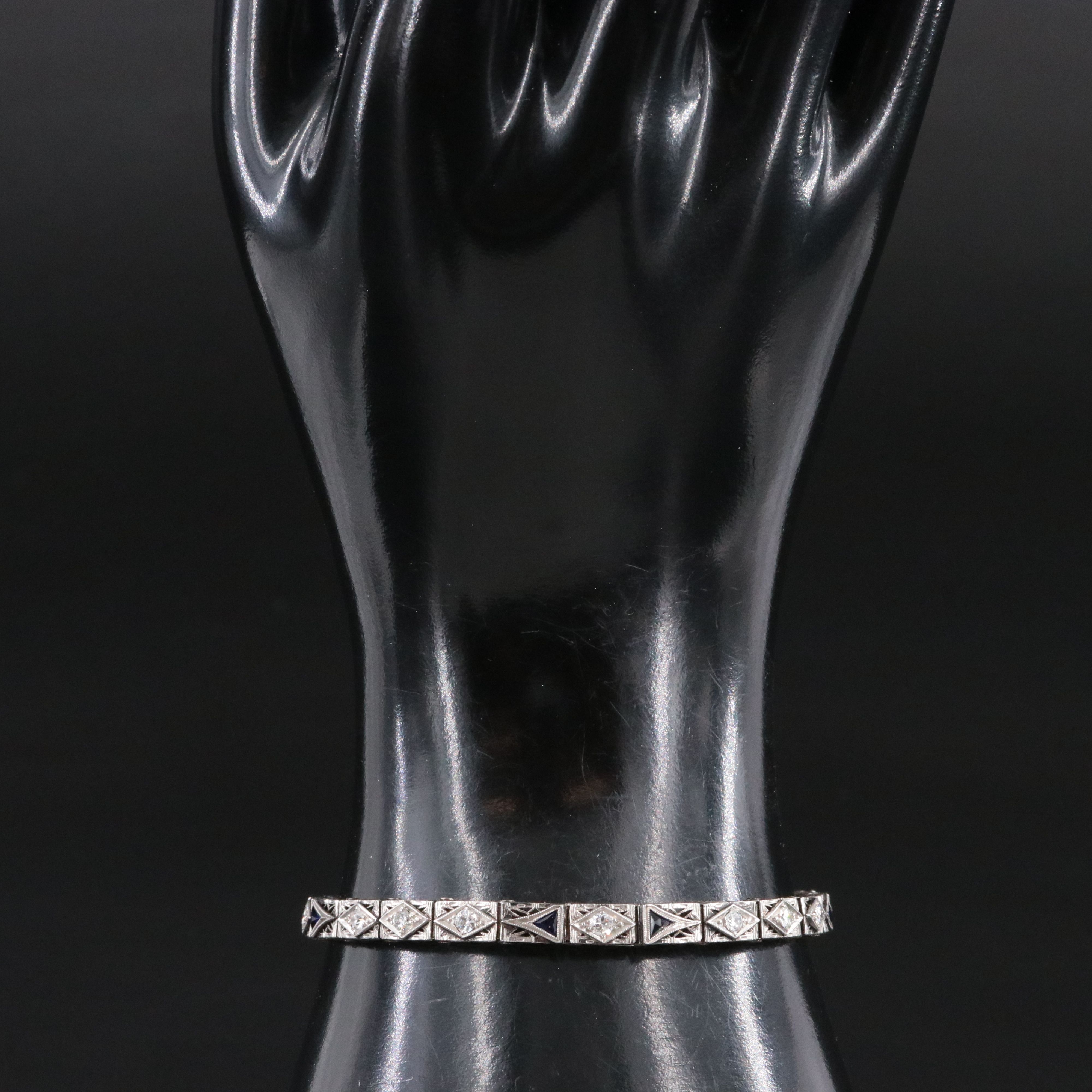 Art Deco Kohn & Co. 14K 0.57 CTW Diamond and Sapphire Filigree Panel Bracelet