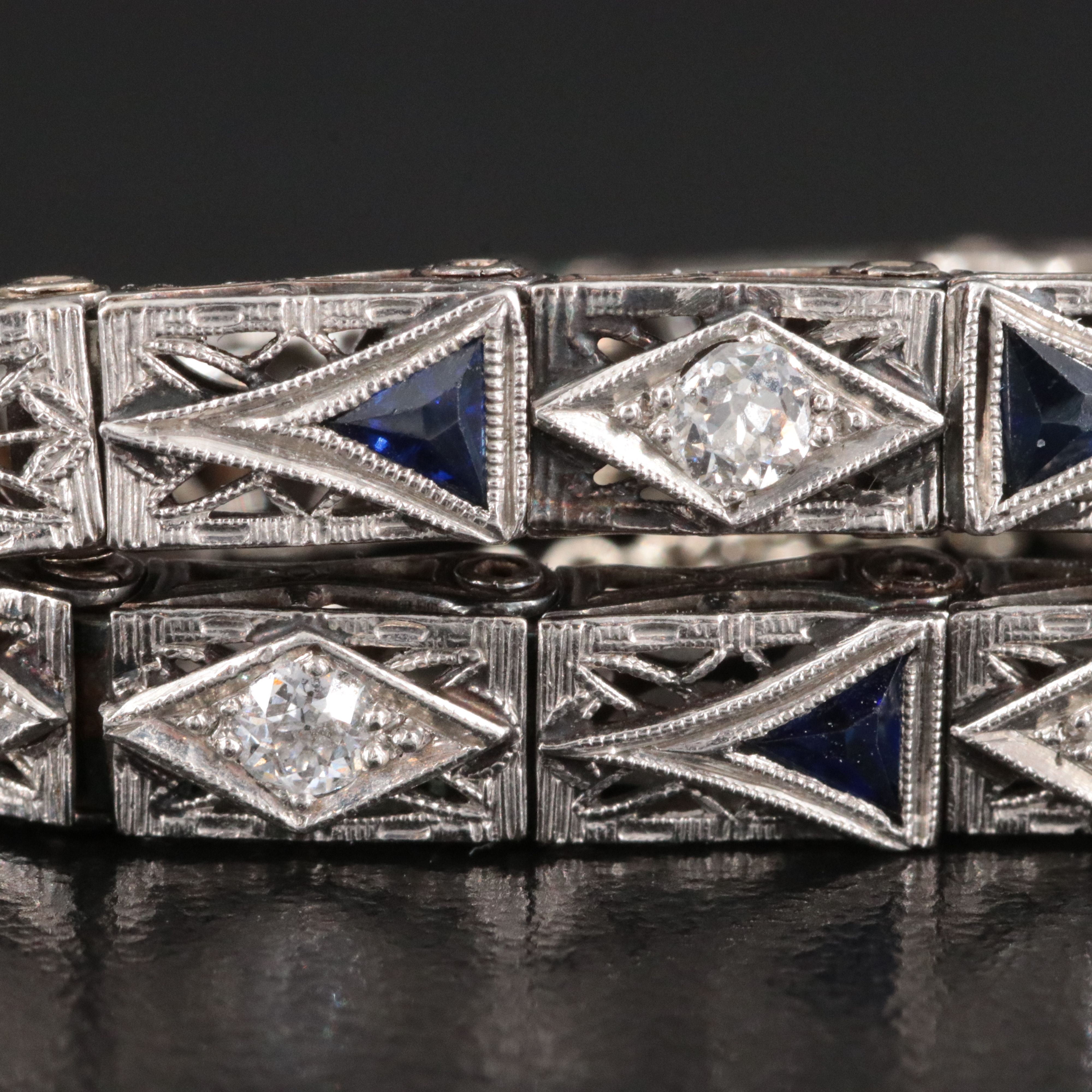 Art Deco Kohn & Co. 14K 0.57 CTW Diamond and Sapphire Filigree Panel Bracelet