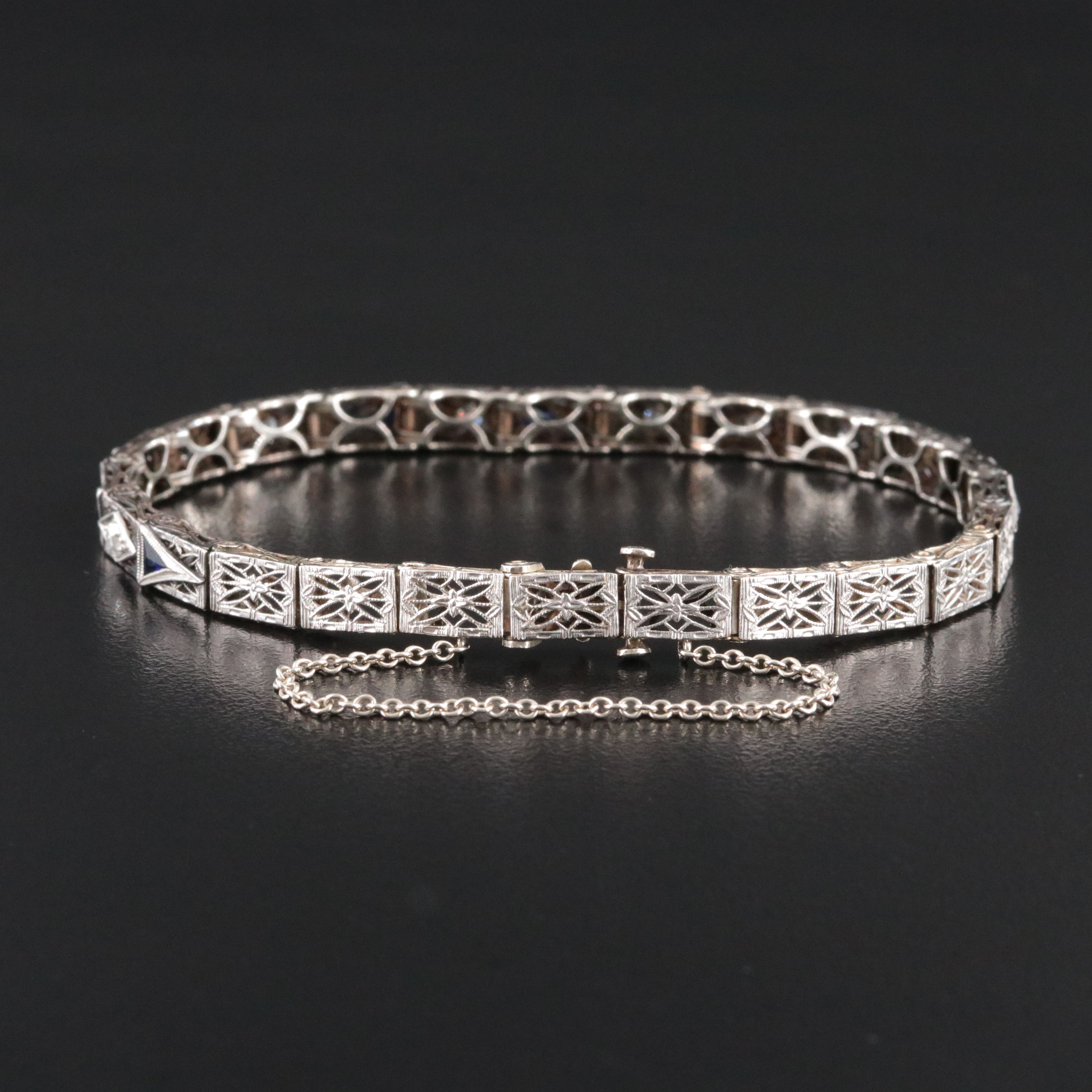 Art Deco Kohn & Co. 14K 0.57 CTW Diamond and Sapphire Filigree Panel Bracelet