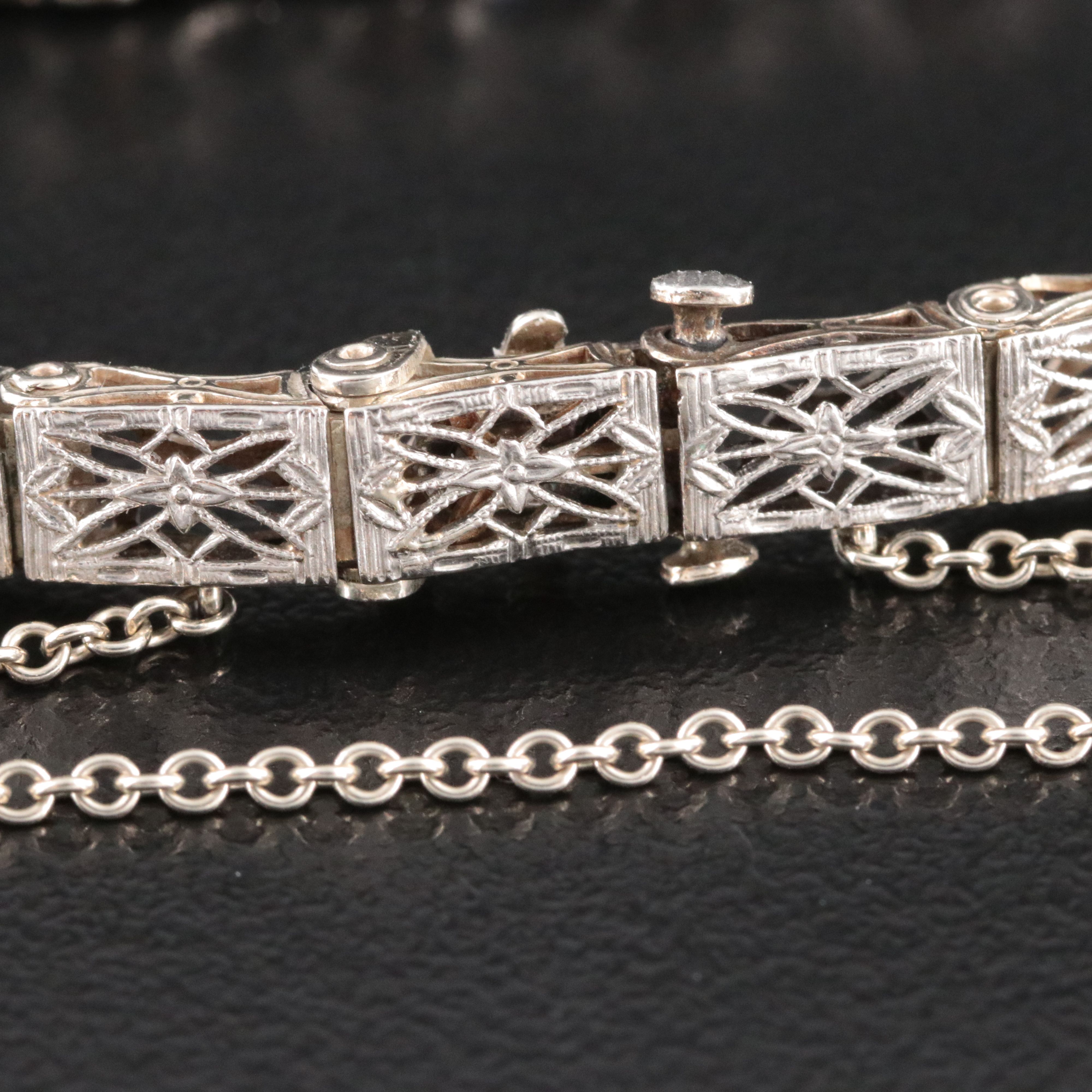 Art Deco Kohn & Co. 14K 0.57 CTW Diamond and Sapphire Filigree Panel Bracelet