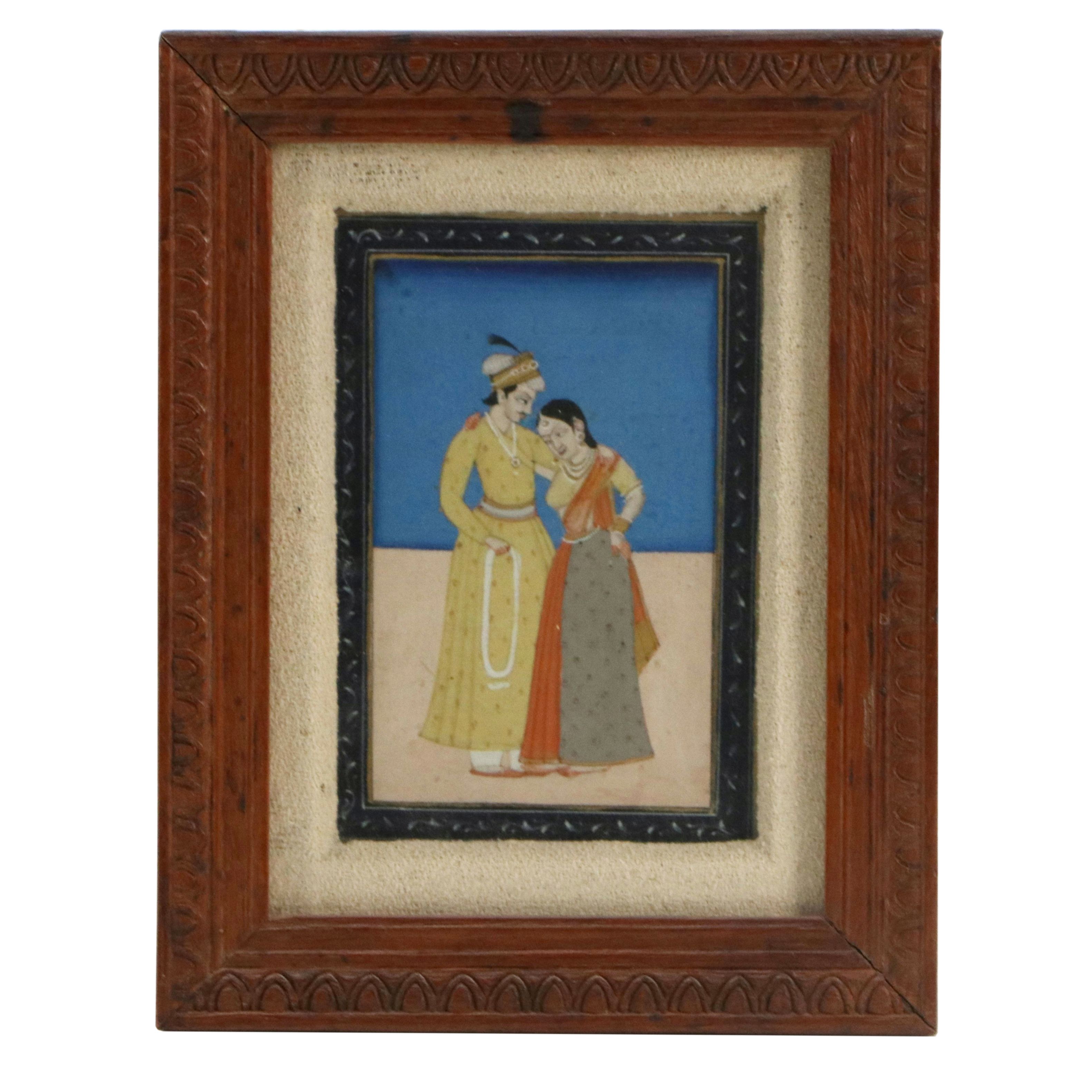 Indo-Persian Mughal Style Miniature Gouache Painting of Couple