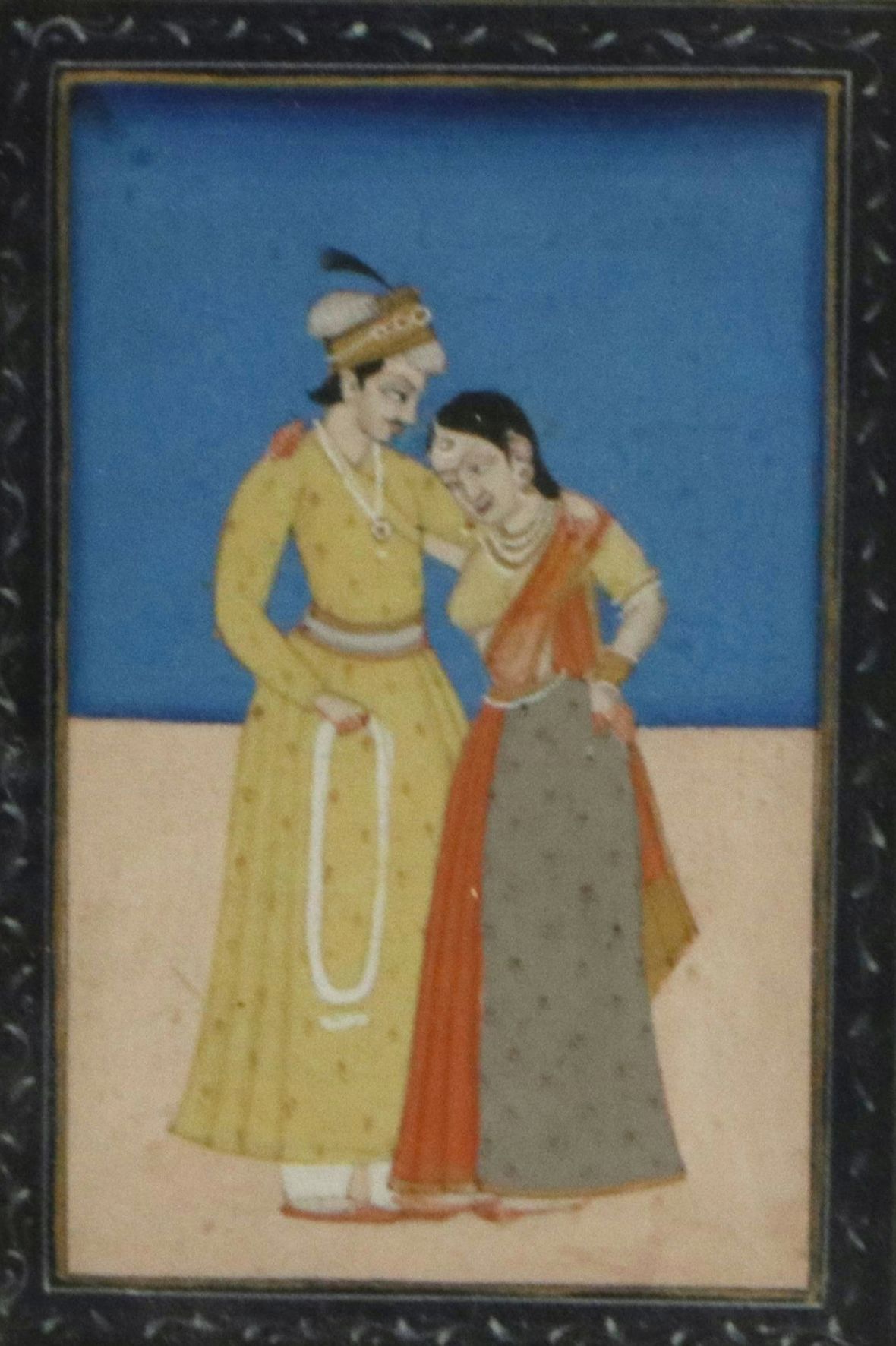Indo-Persian Mughal Style Miniature Gouache Painting of Couple