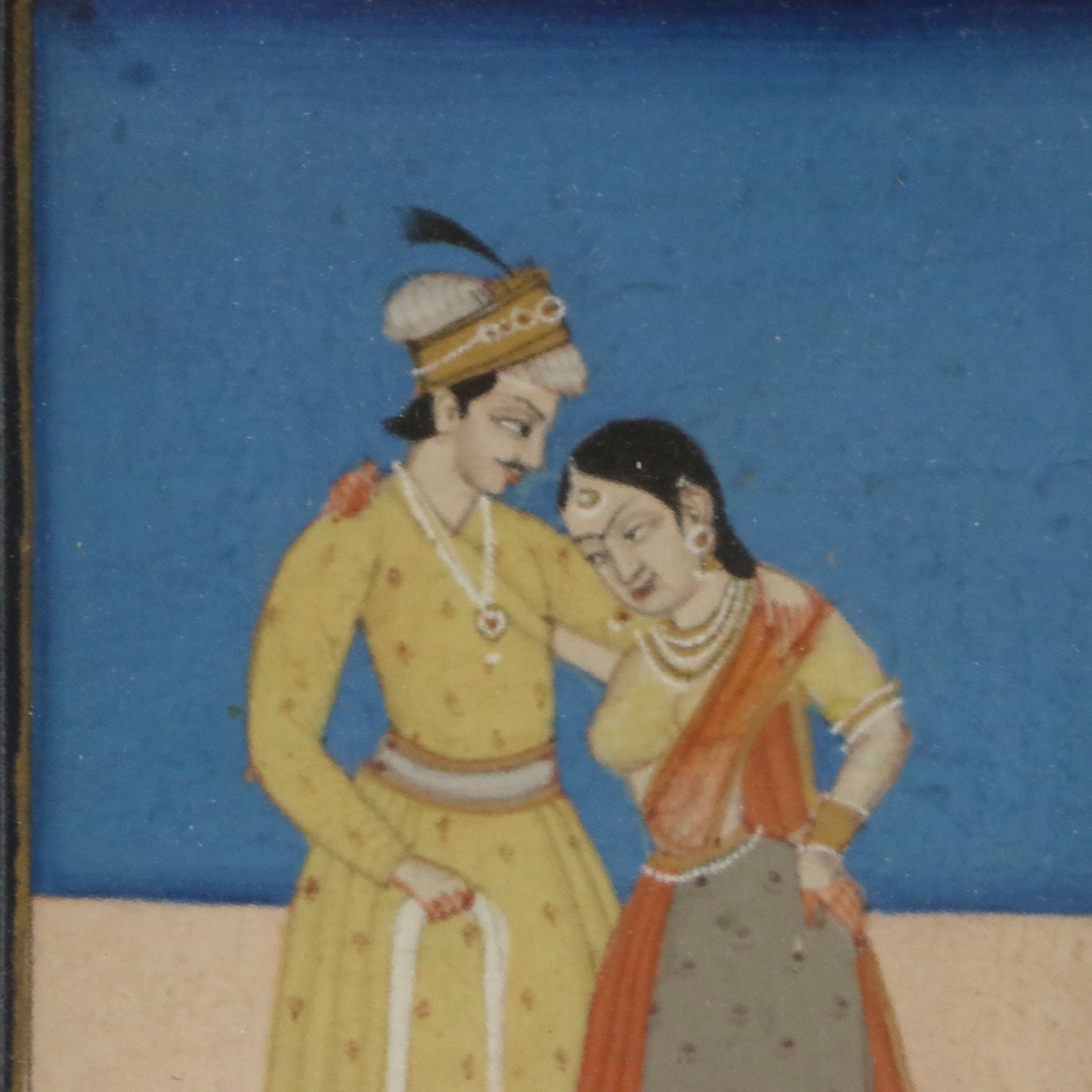 Indo-Persian Mughal Style Miniature Gouache Painting of Couple