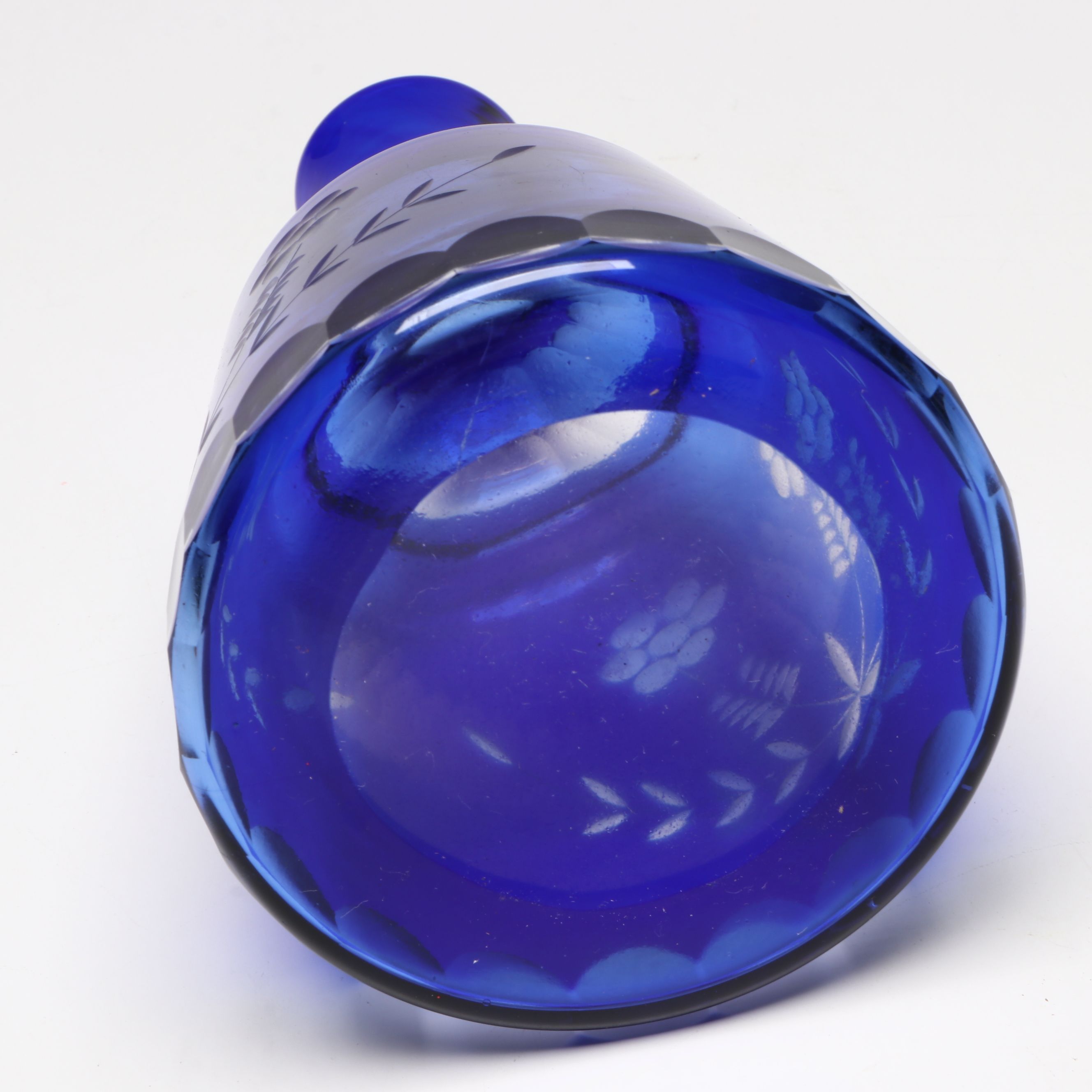 Bohemian Style Cobalt Cut to Clear Glass Carafe with Cup