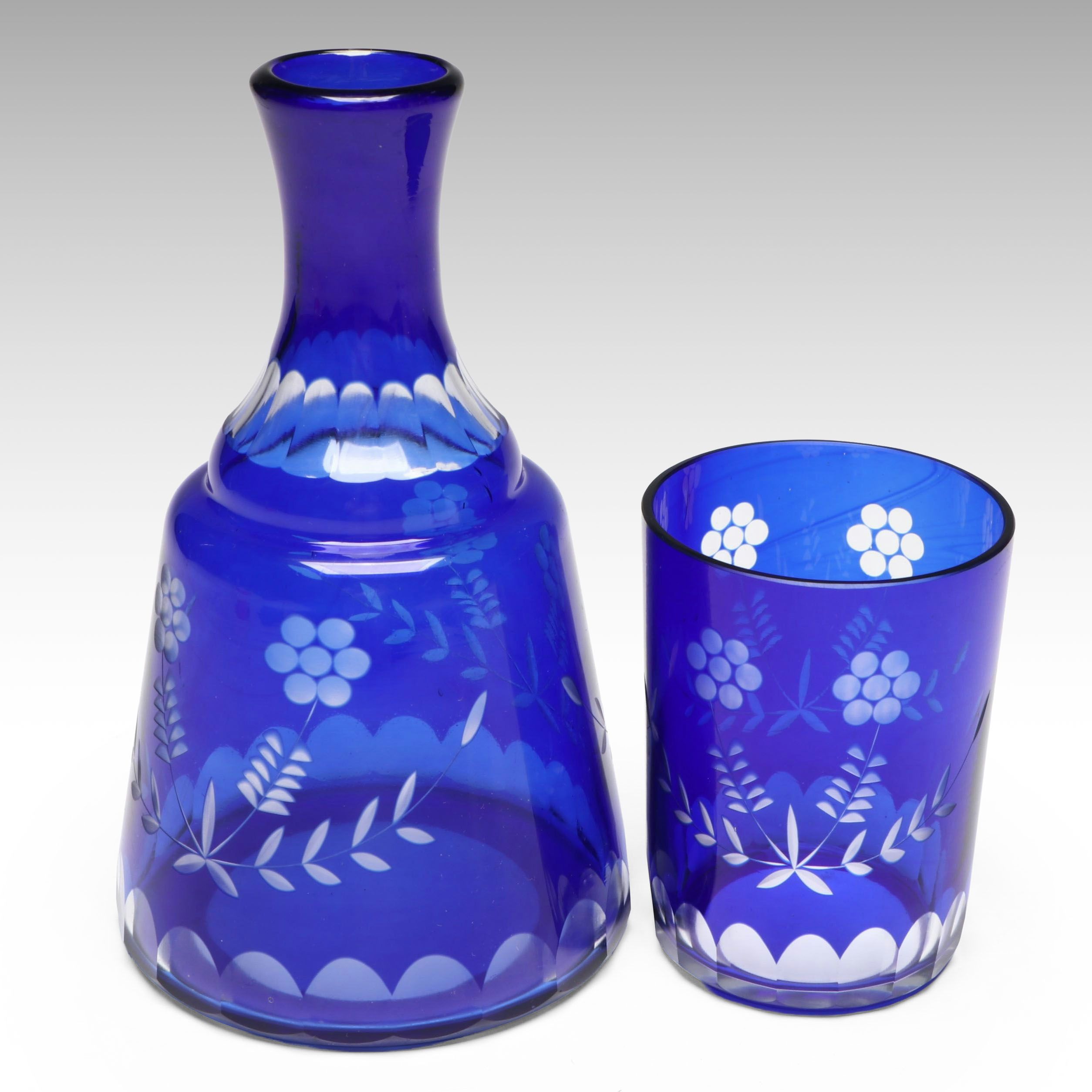 Bohemian Style Cobalt Cut to Clear Glass Carafe with Cup