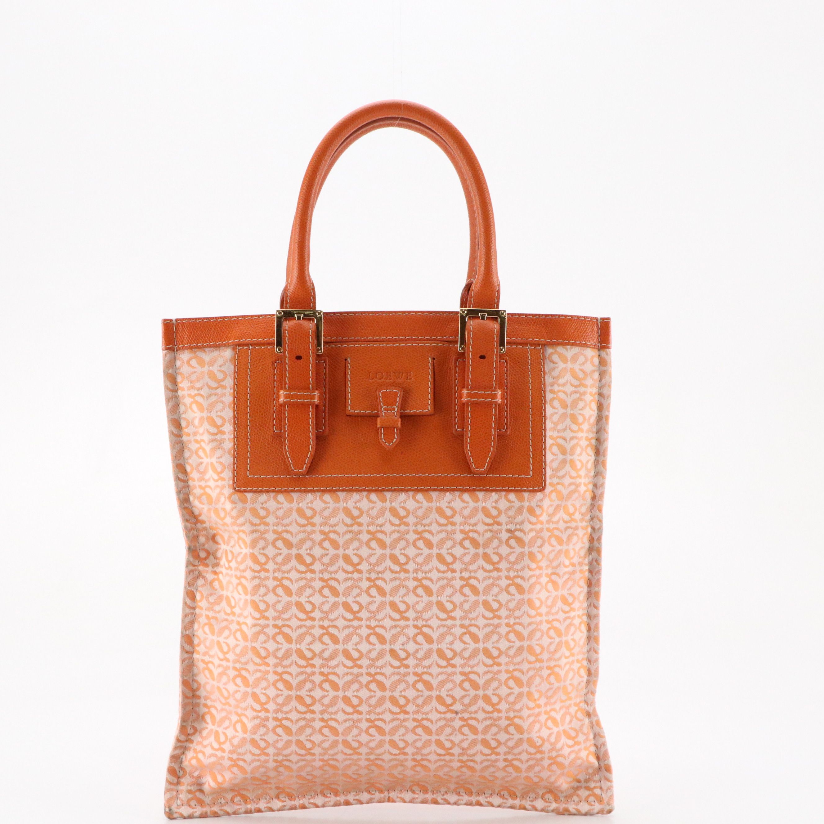 Loewe Top Handle Tote Bag in Orange Jacquard and Grained Leather
