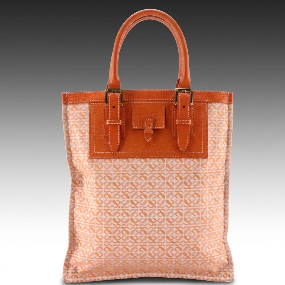 Loewe Top Handle Tote Bag in Orange Jacquard and Grained Leather