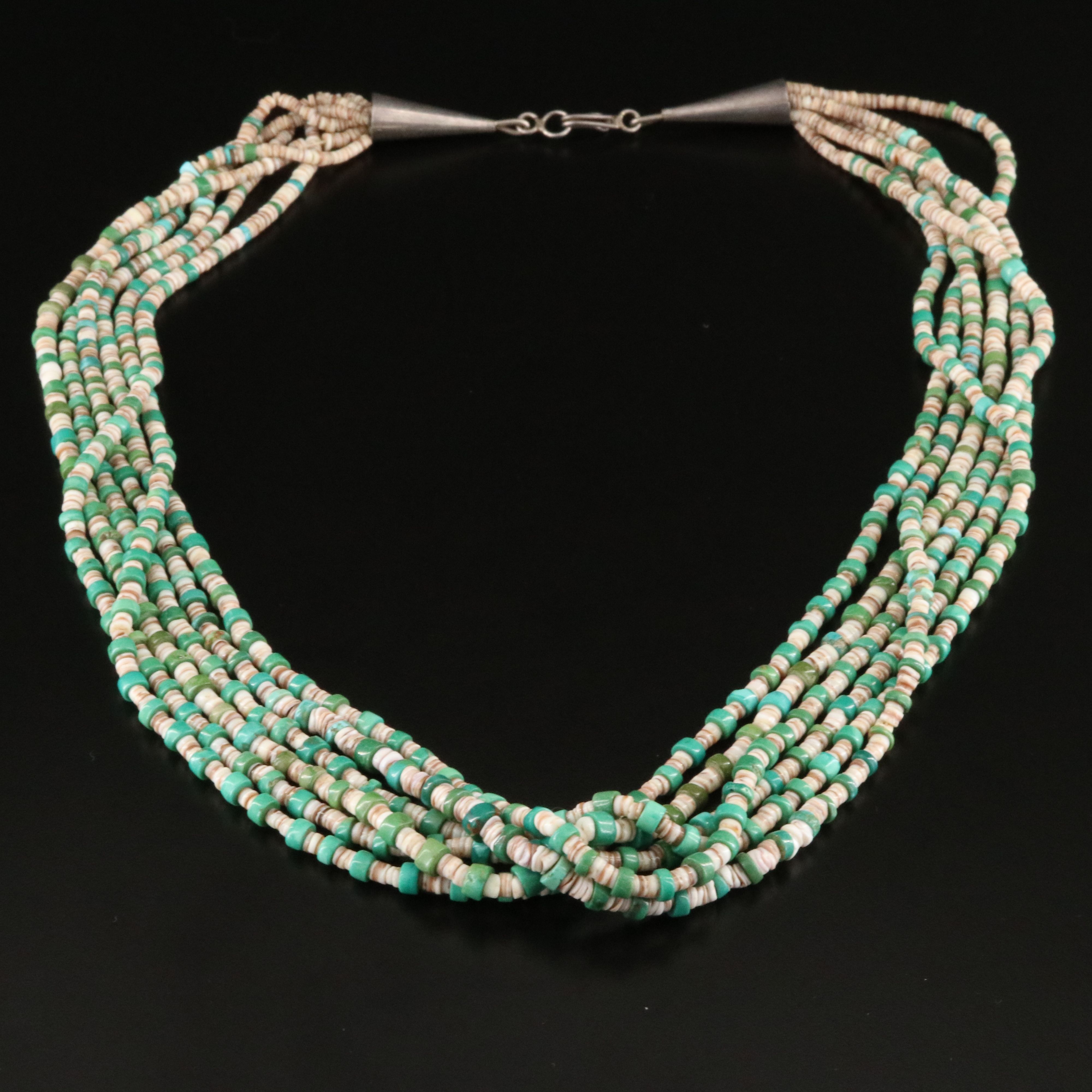 Turquoise and Shell Heishi Necklace with 900 Silver Clasp