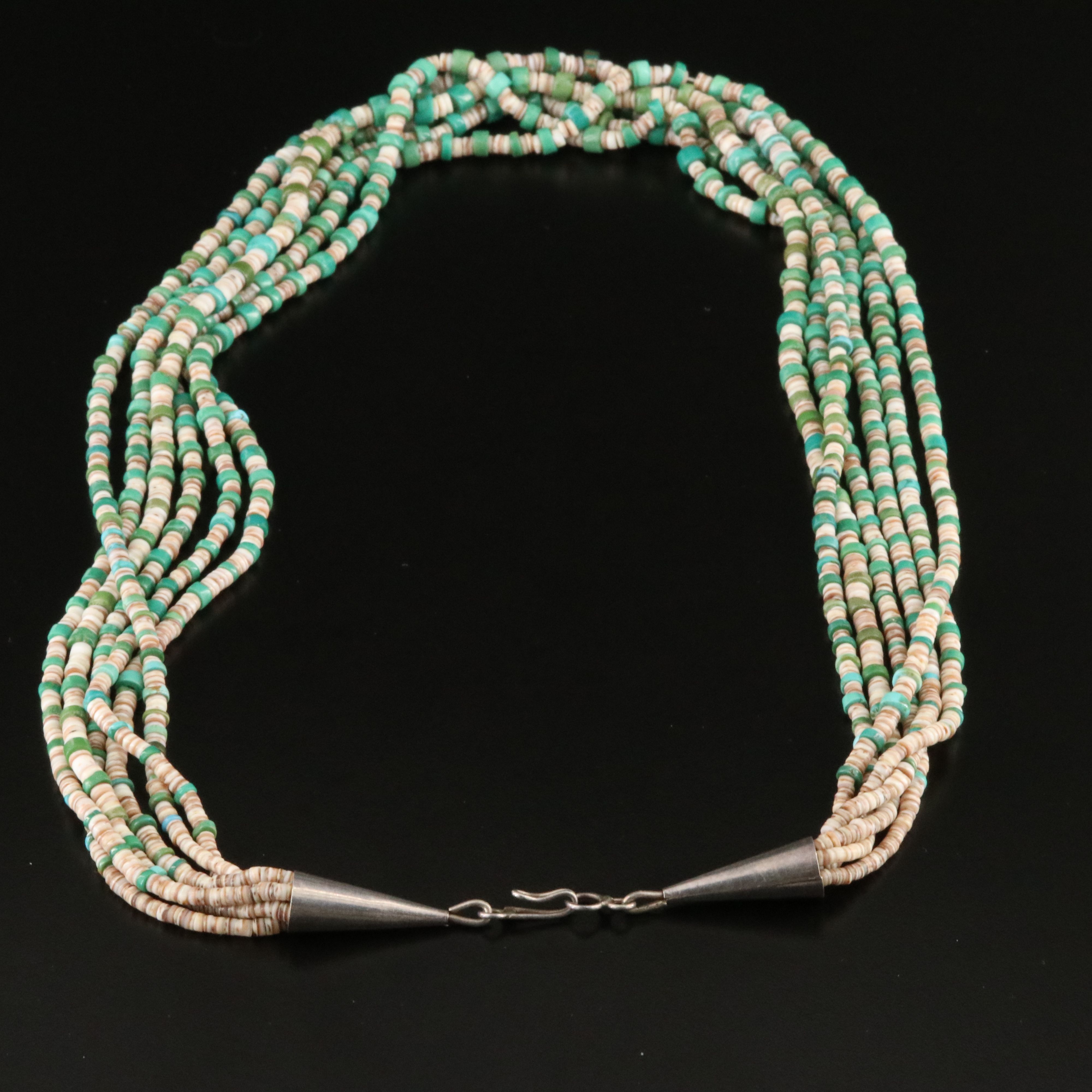 Turquoise and Shell Heishi Necklace with 900 Silver Clasp