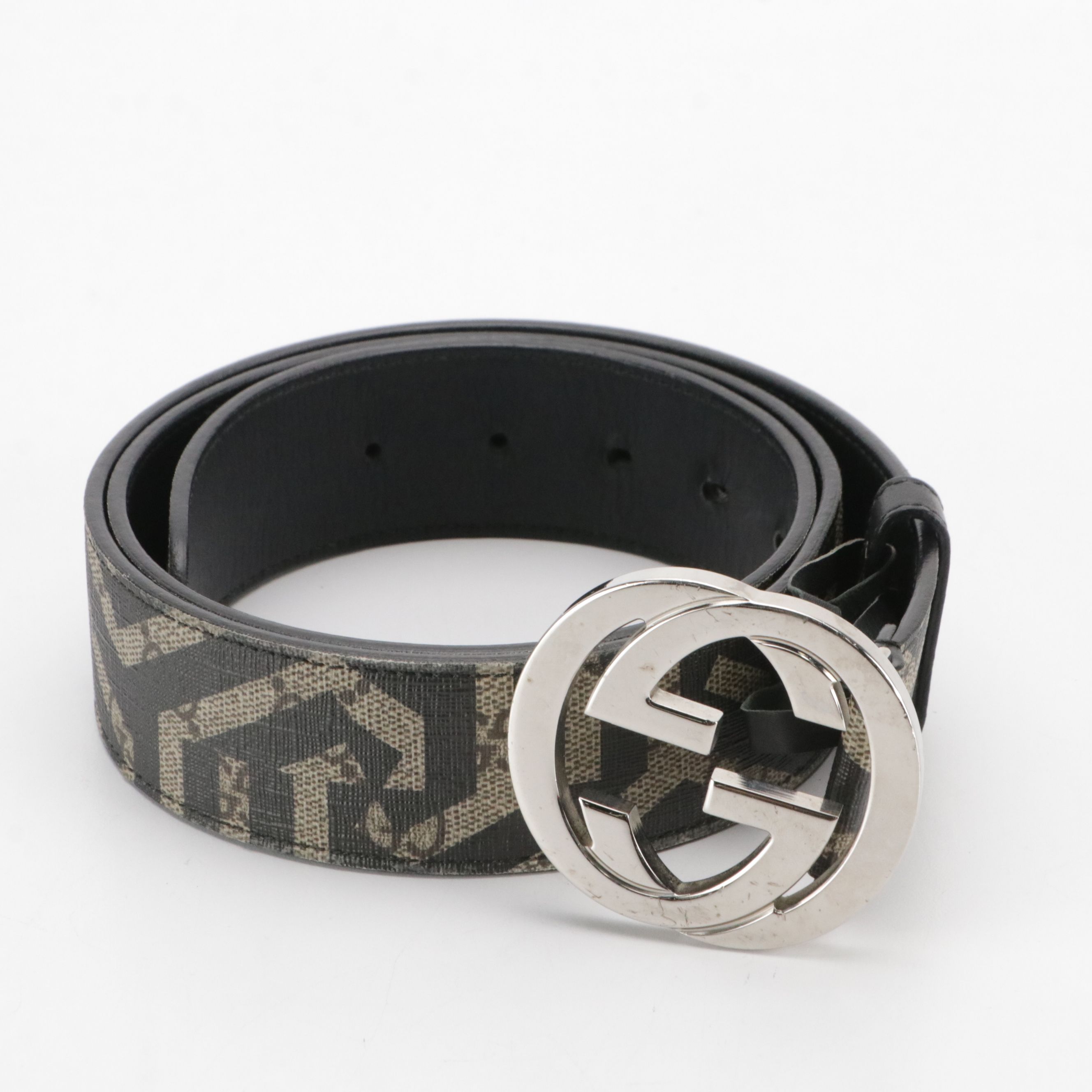 Gucci Interlocking G Belt in Printed GG Supreme Canvas and Black Leather
