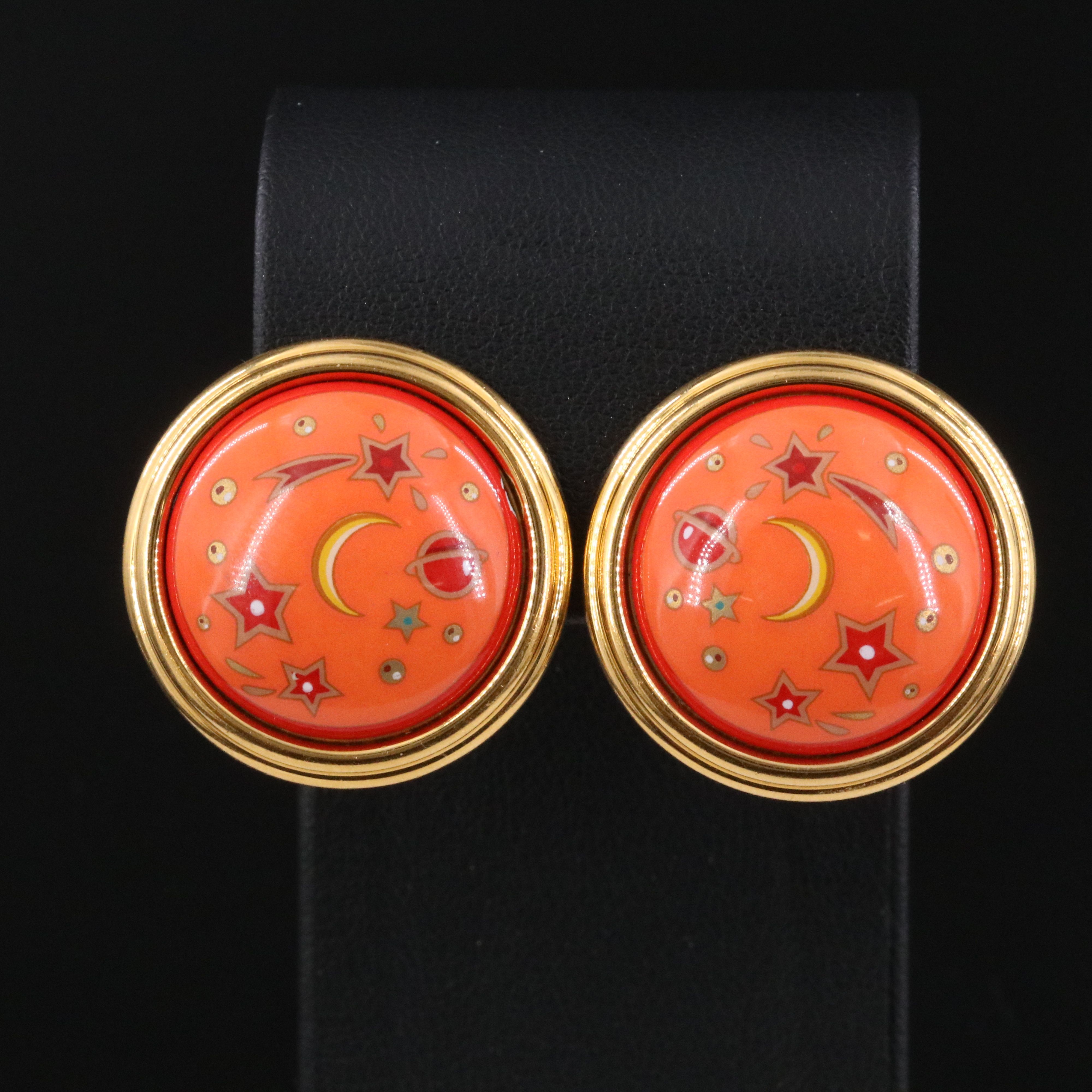 Hermès Celestial Orange Enamel Clip Earrings